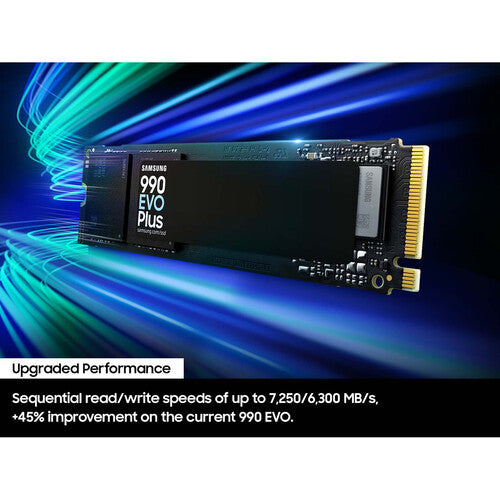 قرص SSD Samsung 990 EVO Plus NVMe M.2 سعة 1 تيرابايت - PCIe 4.0/5.0، سرعة قراءة تصل إلى 7250 ميجابايت/ثانية، سرعة كتابة تصل إلى 6300 ميجابايت/ثانية، بدون ذاكرة DRAM