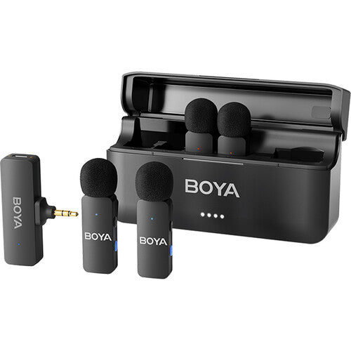 نظام ميكروفون لاسلكي BOYA BY-V4 لأربعة أشخاص، بتردد 2.4 غيغاهرتز، و4 أجهزة إرسال فائقة الصغر، ومستقبل TRS مقاس 3.5 مم | صوت بتنسيق 48 كيلوهرتز/16 بت، وإلغاء الضوضاء بنقرة واحدة، ومدى يصل إلى 200 م، للكاميرات والهواتف الذكية – أسود