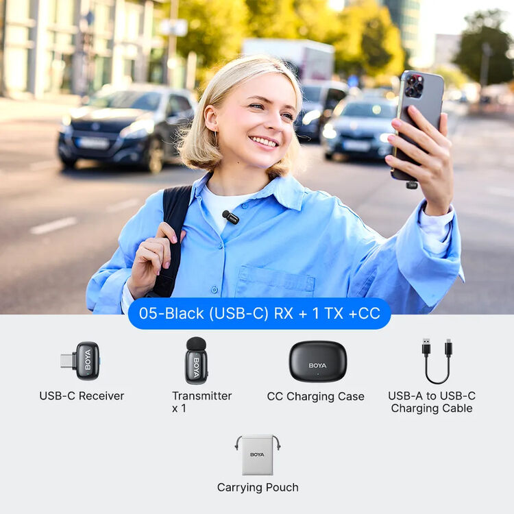 ميكروفون لافاليير لاسلكي فائق الصغر BOYA Mini 2-05، مستقبل USB-C، صوت بدقة 48kHz/24-bit، إلغاء ضوضاء بالذكاء الاصطناعي حتى ‎-40dB، مدى 100m، عمر بطارية 30H، وميكروفون يُثبت بالمشبك بوزن 5g
