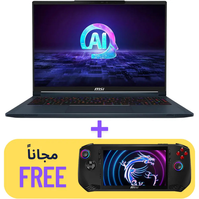 MSI Stealth 16 AI Studio A1VGG-040AE Laptop 16” QHD 2K 240Hz - Core Ultra 9 185H - 32GB LPDDR5 - 1TB SSD - RTX 4070 8GB - Win11  With a Gift MSI Claw A1M - 040AE – 7" FHD IPS, 120Hz, Core Ultra 7 155H , 16GB RAM, 512GB SSD, Intel Arc, Windows 11 Home