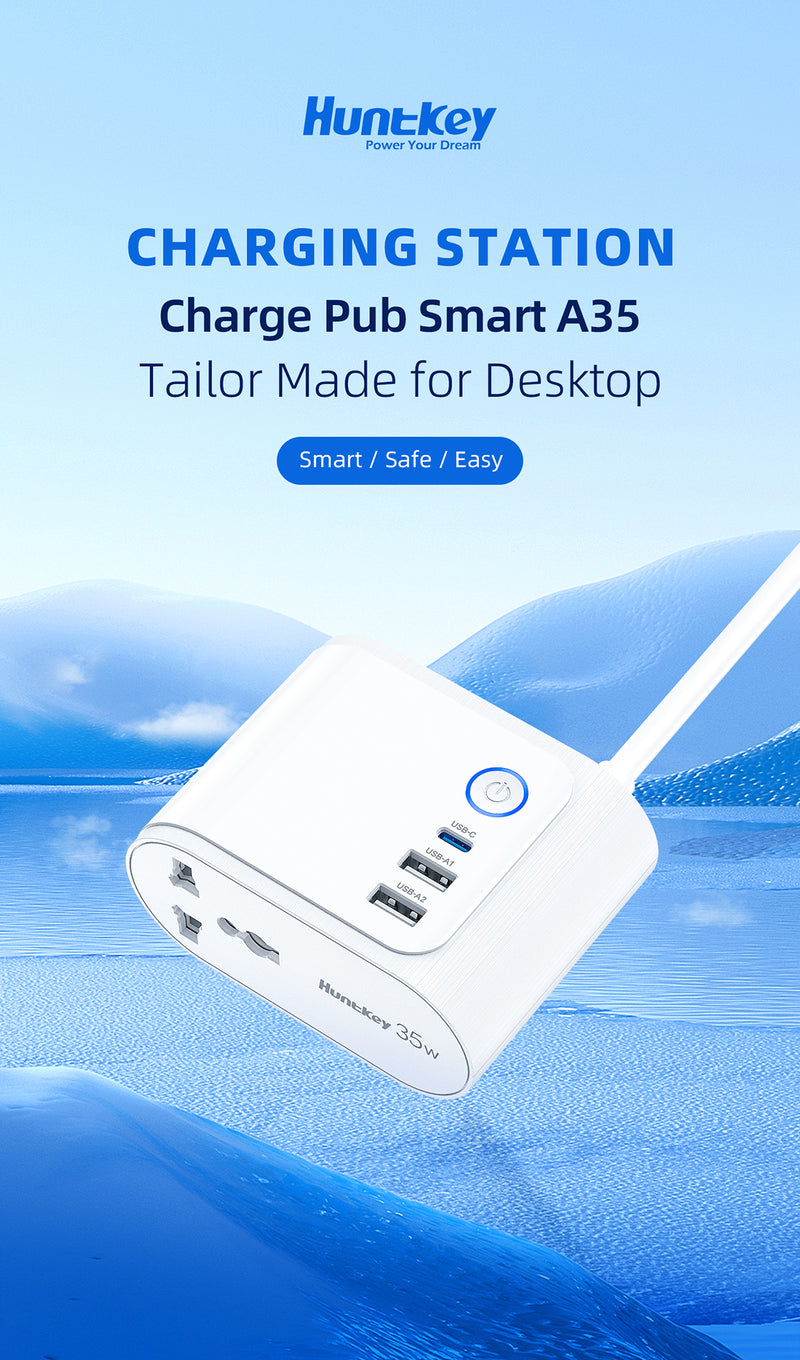 Huntkey 35W (AC 2500W) Universal Charge Pub A35 مصنوع لسطح المكتب 1 مقبس تمديد (أبيض، 1.8 متر، مع منفذ USB)