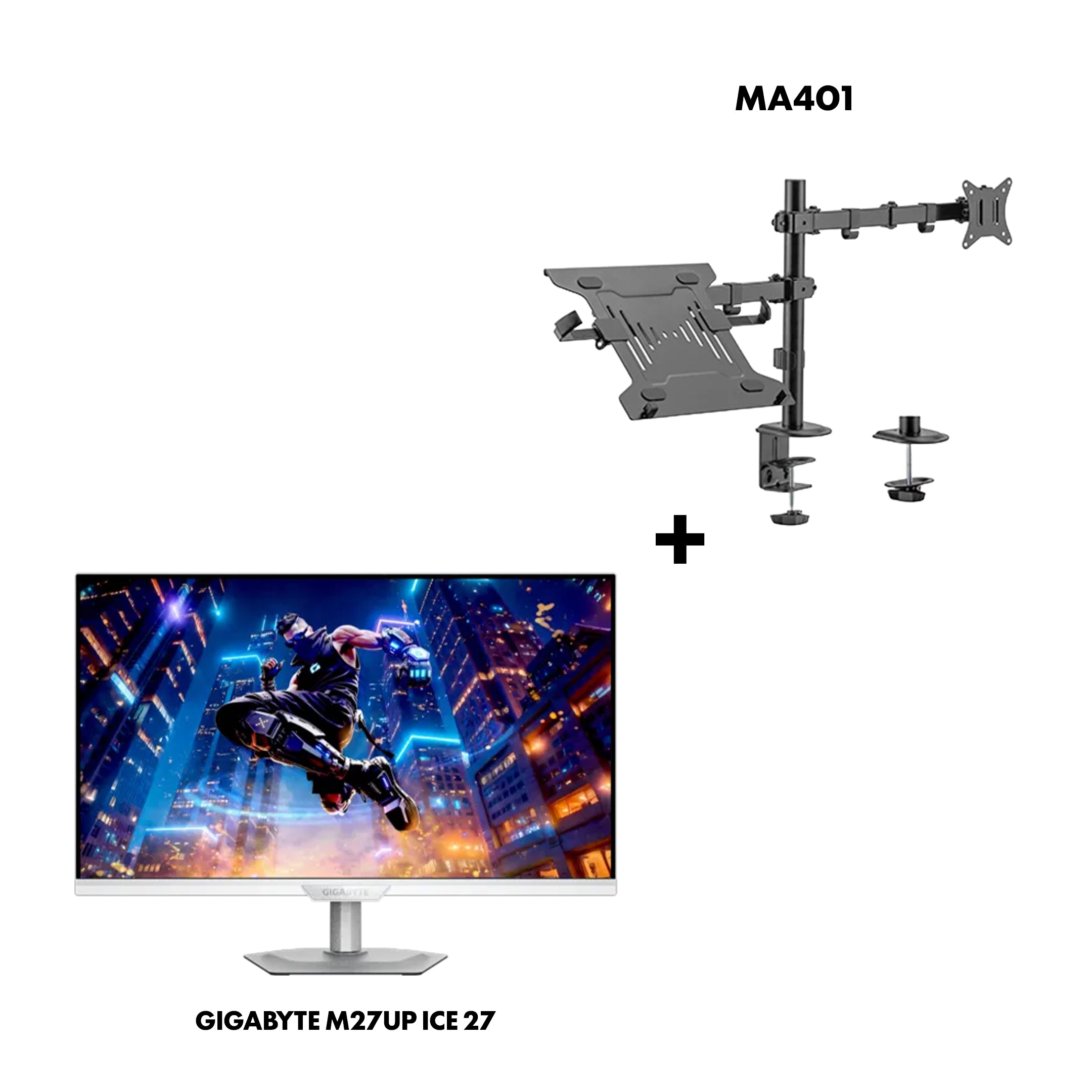 حزمة شاشة الألعاب GIGABYTE M27UP ICE EK مقاس 27 بوصة مع ذراع الشاشة AVETRON MA401