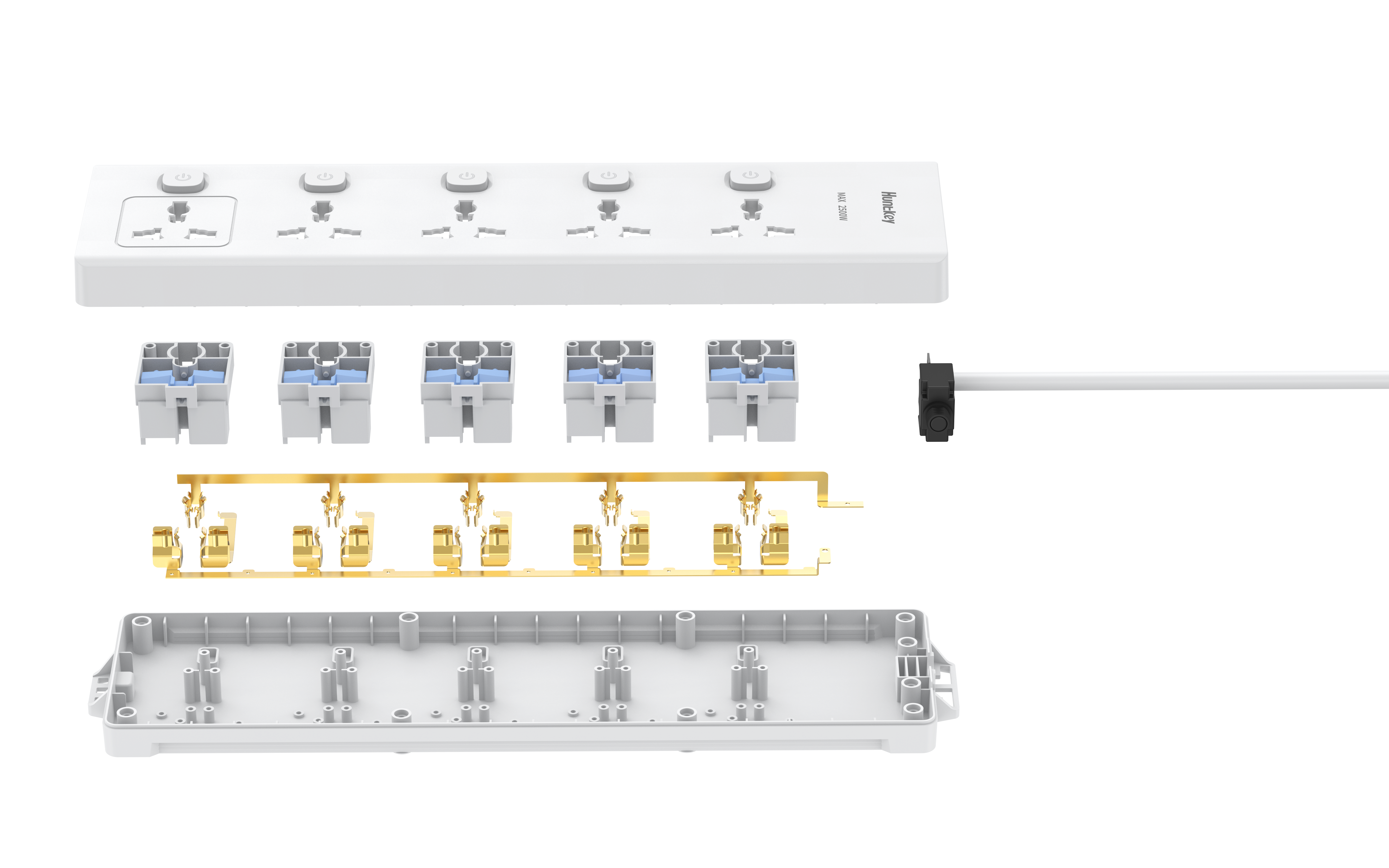 Huntkey DMC502 Power Strip with Individual Switches, 5 Universal Sockets, 3M Heavy-Duty Extension Cable, Surge Protection Multi Plug Board, Flame-Retardant Housing, Wall Mount Design