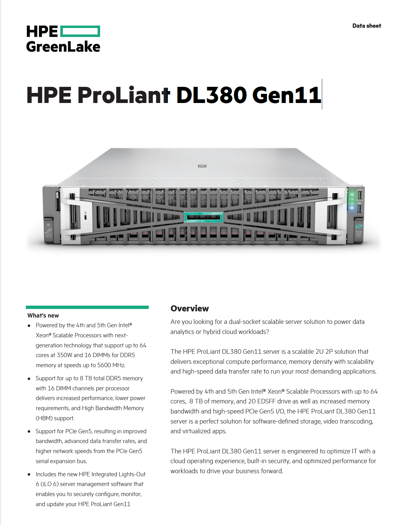 جهاز HP ProLiant DL380 G11 مع وحدة معالجة مركزية Xeon Silver 2X 2.0GHZ Xeon Silver 4410 12Core إجمالي 24 ، ذاكرة وصول عشوائي 64 جيجابايت DDR5 4800MHZ ، قرص صلب 2X 1.2TB SAS 10K ، Railkits ، 4 منافذ إيثرنت 1G ، 2X 1000WATT PS. 