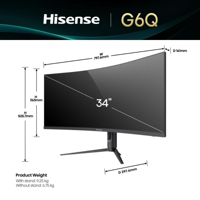 شاشة ألعاب منحنية Hisense 34G6Q PRO مقاس 34 بوصة بدقة WQHD، 3440×1440، وتردد 240Hz، وزمن استجابة 1ms، ولوحة VA، وانحناء 1000R، وتقنية HDR400، وتقنية AMD FreeSync Premium، وتغطية 99% من ألوان sRGB، ومكبرات صوت مدمجة