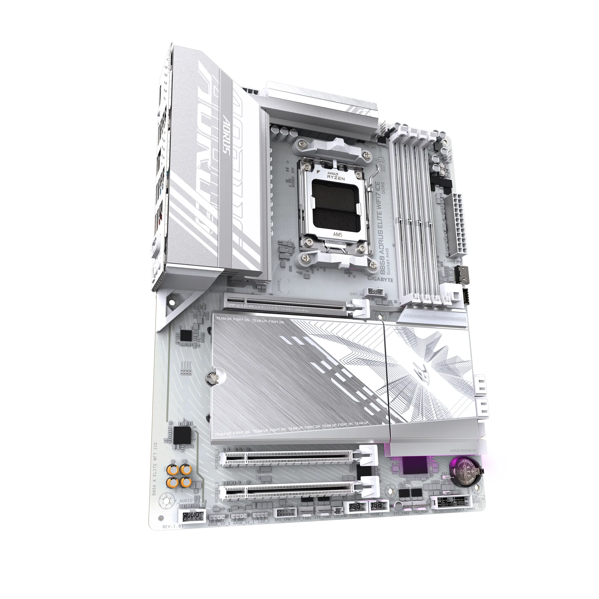 لوحة أم GIGABYTE B850 AORUS ELITE WIFI7 ICE ATX - AM5، DDR5 بسرعة تصل إلى 8200 MT/s OC، PCIe 5.0، Triple M.2، USB-C بسرعة 20 جيجابت في الثانية، Wi-Fi 7 و2.5 GbE