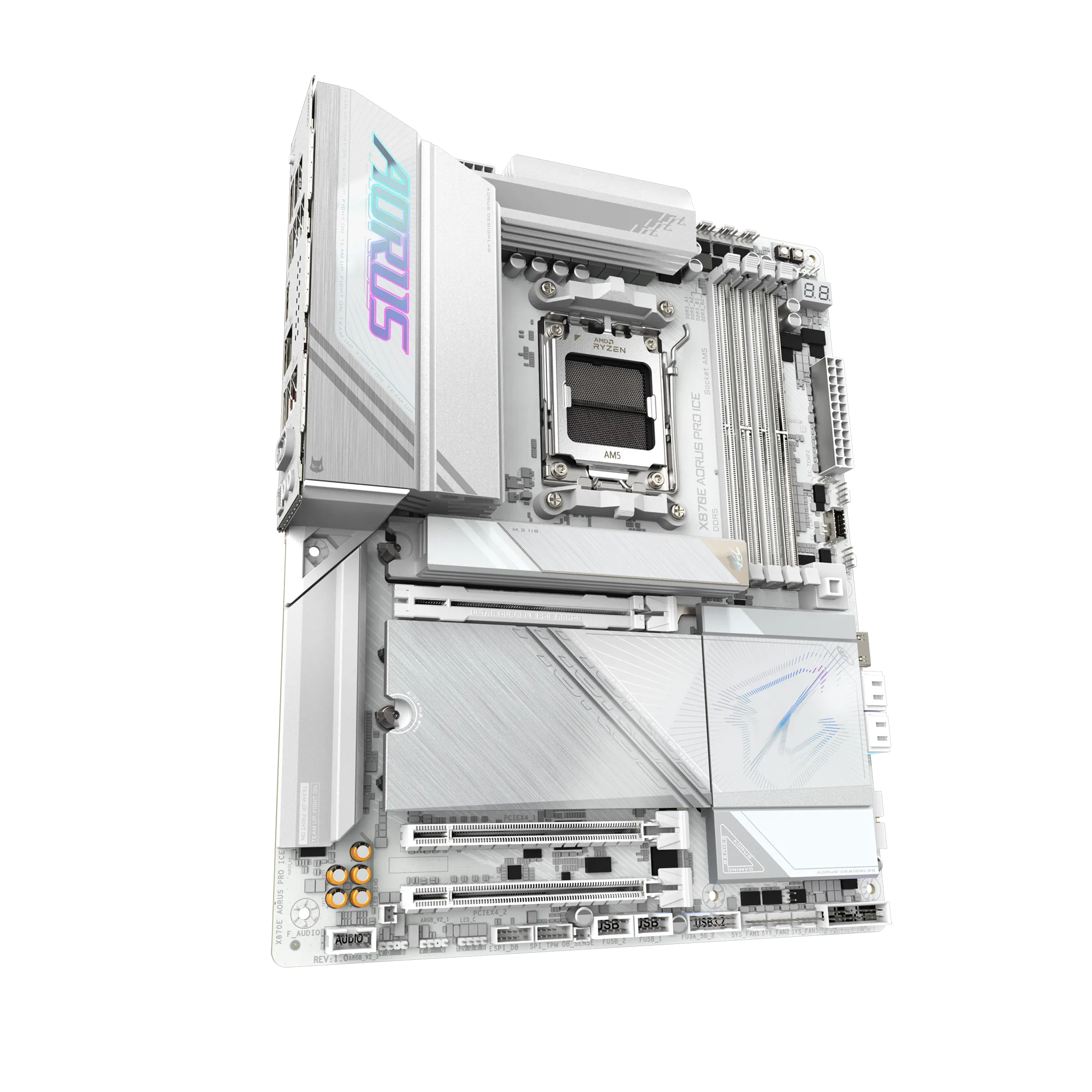 لوحة أم GIGABYTE X870E AORUS PRO ICE ATX - مقبس AM5، ذاكرة DDR5 بسرعة 8000 ميجابت في الثانية، PCIe 5.0، منافذ M.2 رباعية، منفذ USB4 مزدوج، Wi‑Fi 7، شبكة LAN بسرعة 2.5 جيجابت في الثانية، إصدار أبيض