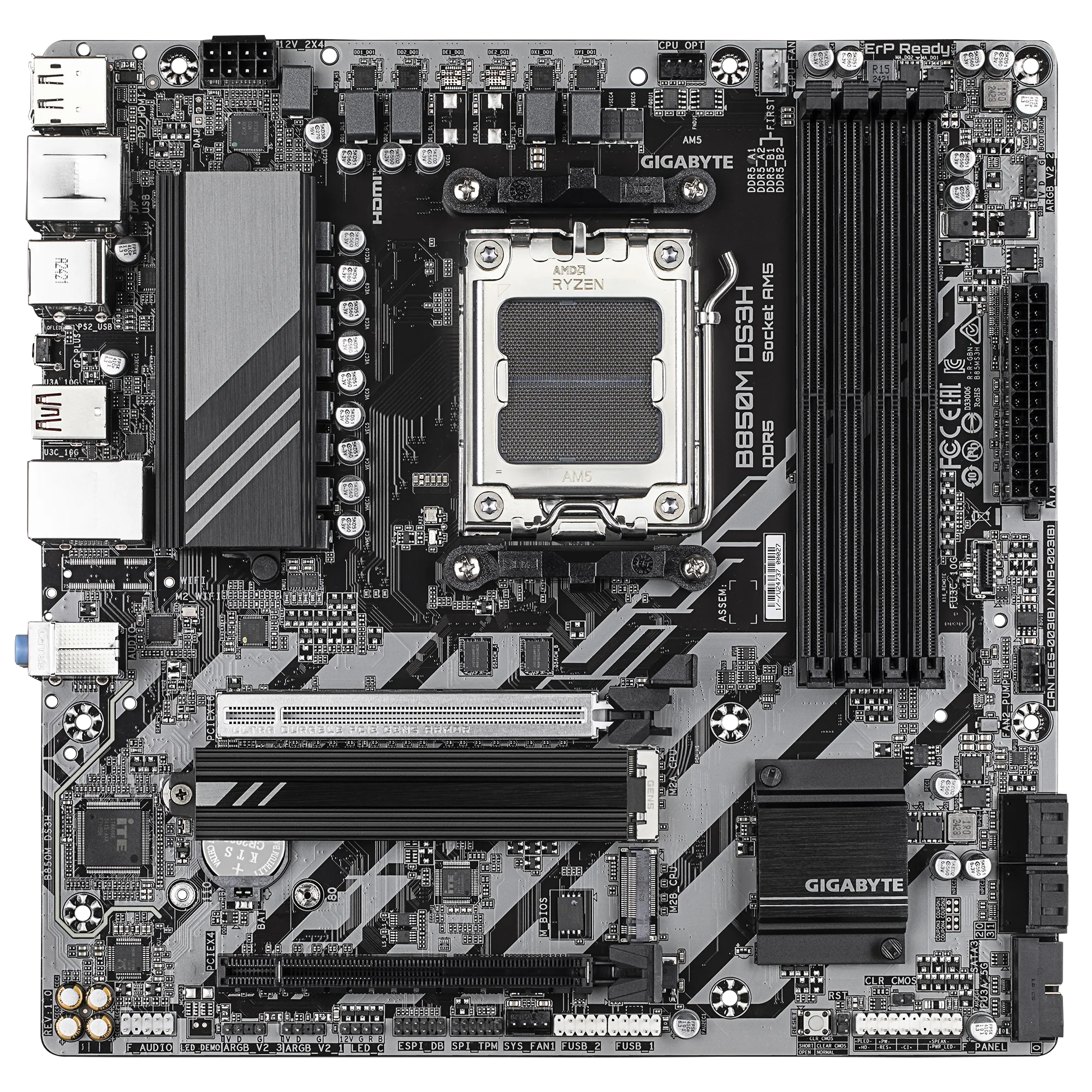 لوحة أم GIGABYTE B850M DS3H mATX - AMD AM5، DDR5، PCIe 5.0، منفذا M.2، USB-C، شبكة LAN بسرعة 2.5 جيجابت، EZ-Latch، Smart Fan 6