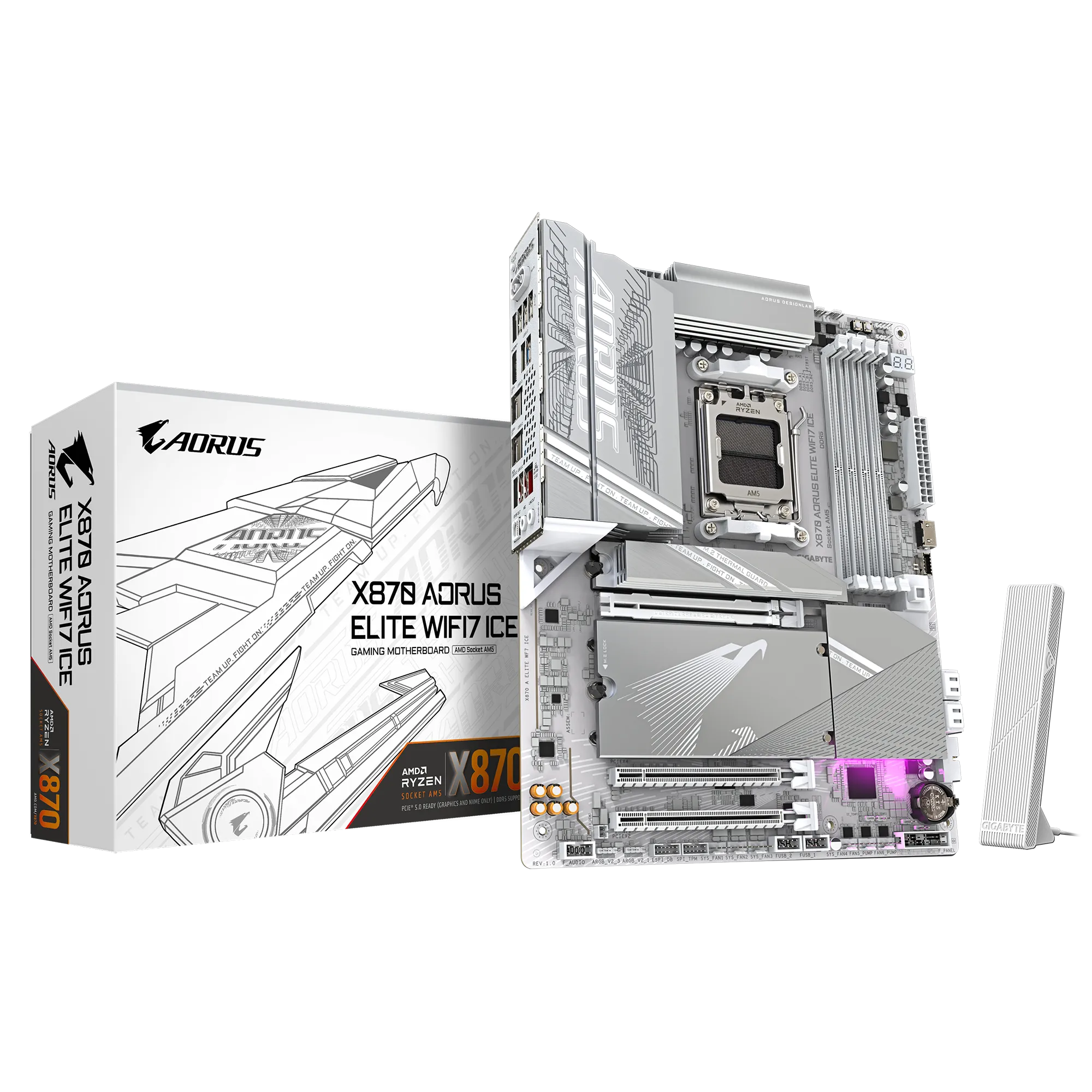 لوحة أم GIGABYTE X870 AORUS ELITE WIFI7 ICE ATX - AMD AM5، DDR5، PCIe 5.0، Quad M.2، USB4، Wi-Fi 7، 2.5GbE LAN، EZ-Latch، Smart Fan 6