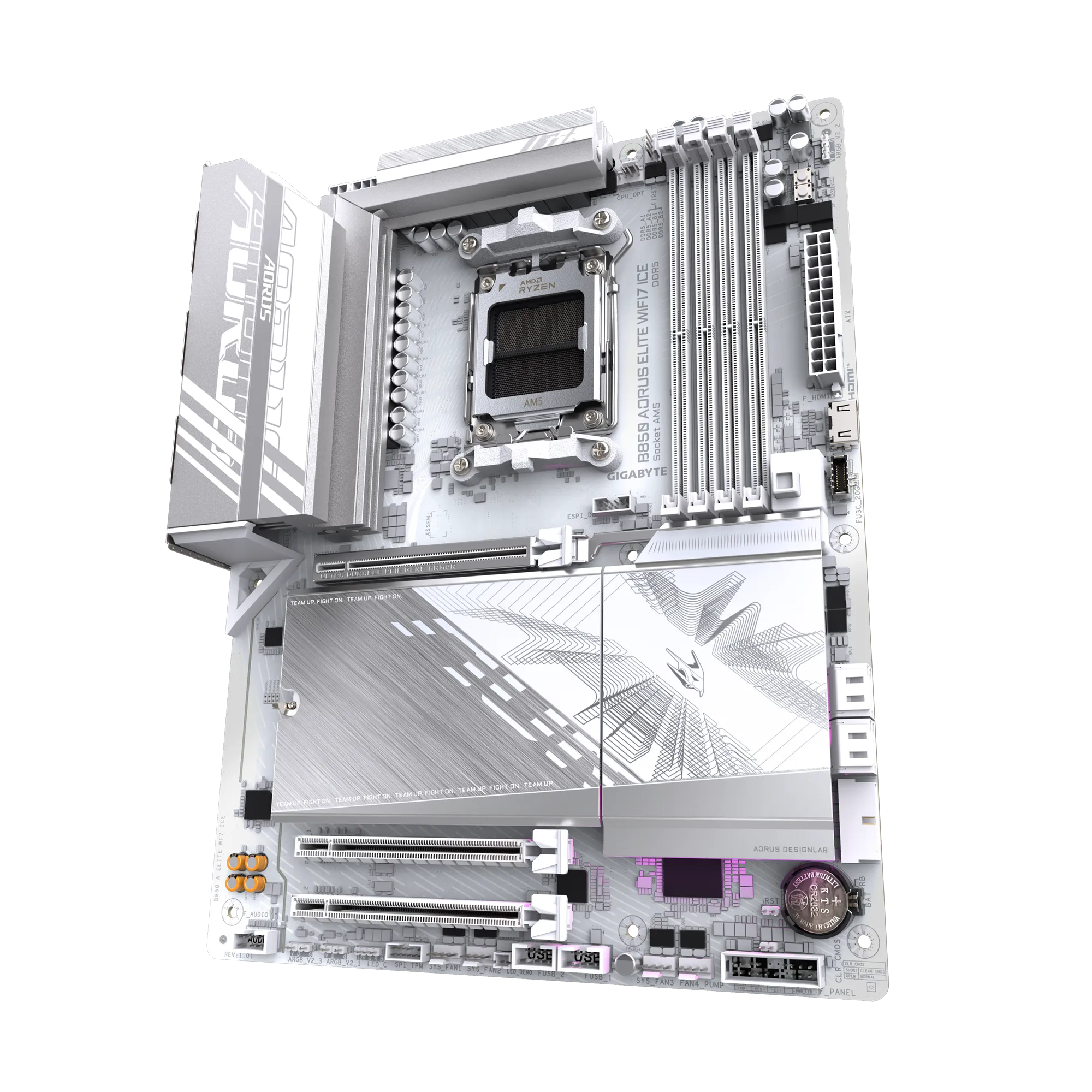 لوحة أم GIGABYTE B850 AORUS ELITE WIFI7 ICE ATX - AM5، DDR5 بسرعة تصل إلى 8200 MT/s OC، PCIe 5.0، Triple M.2، USB-C بسرعة 20 جيجابت في الثانية، Wi-Fi 7 و2.5 GbE