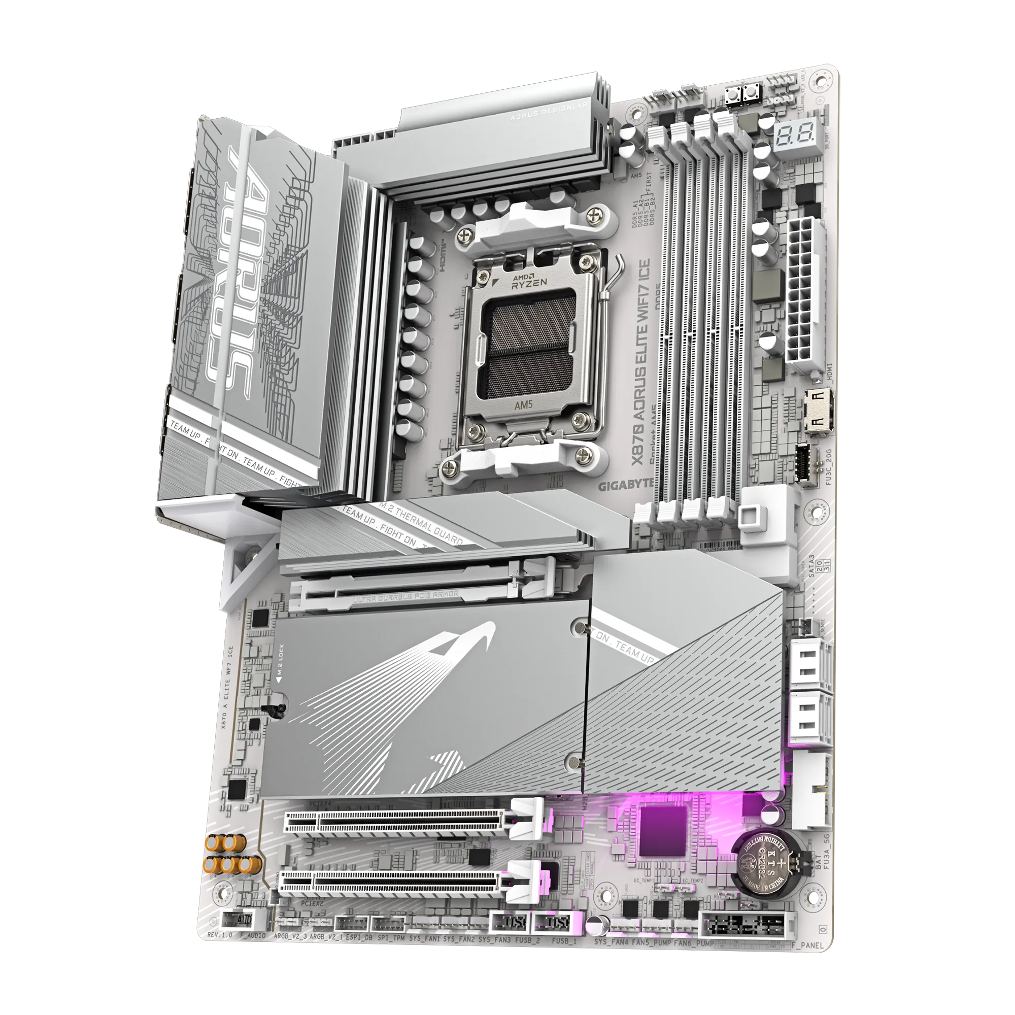 لوحة أم GIGABYTE X870 AORUS ELITE WIFI7 ICE ATX - AMD AM5، DDR5، PCIe 5.0، Quad M.2، USB4، Wi-Fi 7، 2.5GbE LAN، EZ-Latch، Smart Fan 6