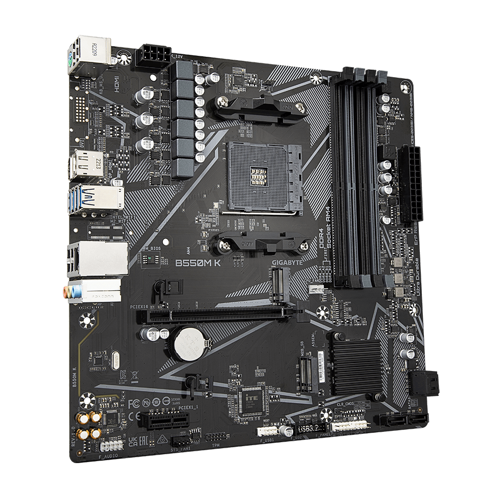 GIGABYTE B550M K (rev. 1.0) Micro-ATX AMD B550 Motherboard – AM4 Socket, Dual M.2 PCIe 4.0/3.0, 4×DDR4 Slots, HDMI & DisplayPort, Gigabit LAN