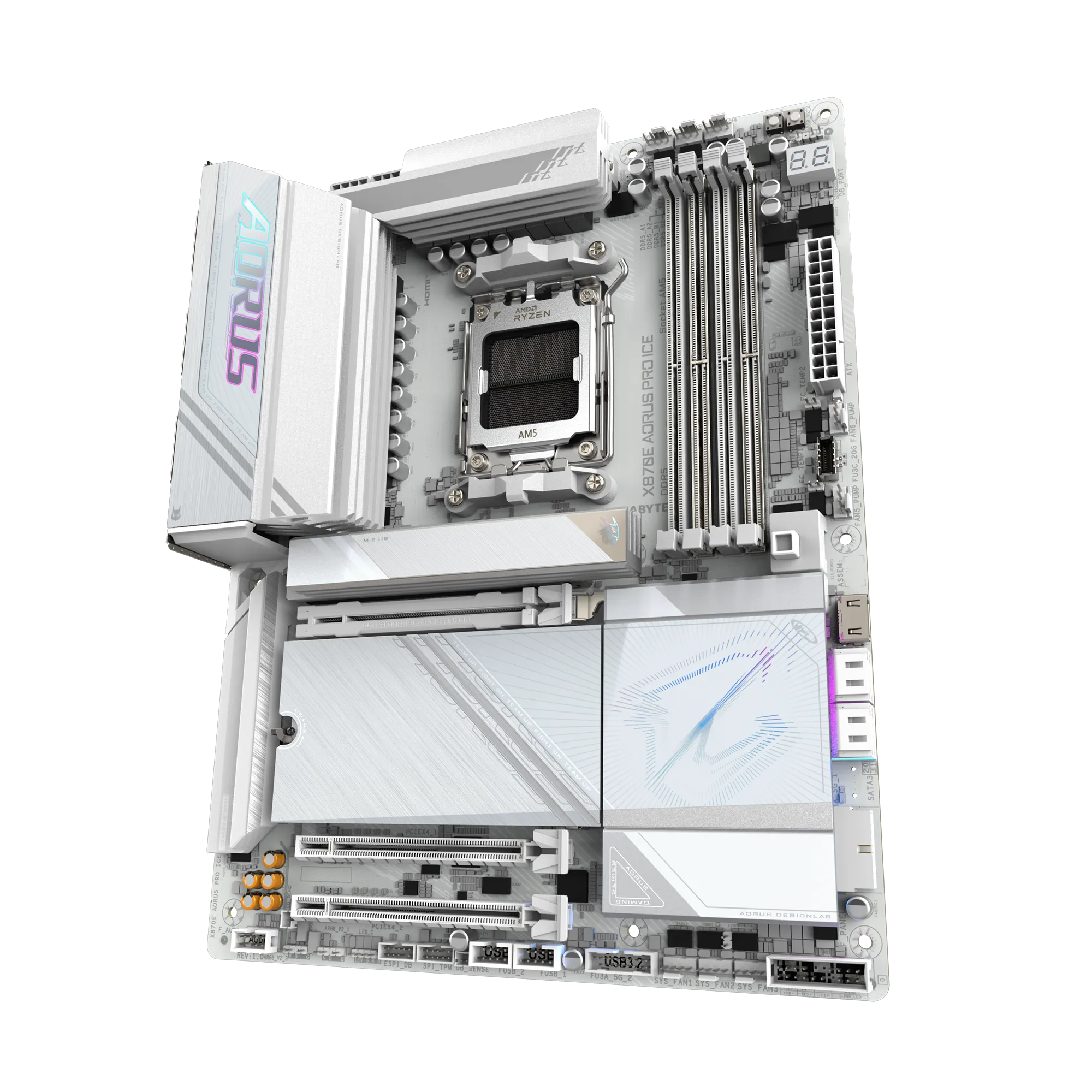 لوحة أم GIGABYTE X870E AORUS PRO ICE ATX - مقبس AM5، ذاكرة DDR5 بسرعة 8000 ميجابت في الثانية، PCIe 5.0، منافذ M.2 رباعية، منفذ USB4 مزدوج، Wi‑Fi 7، شبكة LAN بسرعة 2.5 جيجابت في الثانية، إصدار أبيض