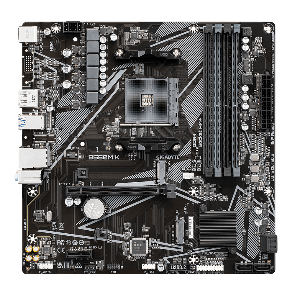 GIGABYTE B550M K (rev. 1.0) Micro-ATX AMD B550 Motherboard – AM4 Socket, Dual M.2 PCIe 4.0/3.0, 4×DDR4 Slots, HDMI & DisplayPort, Gigabit LAN