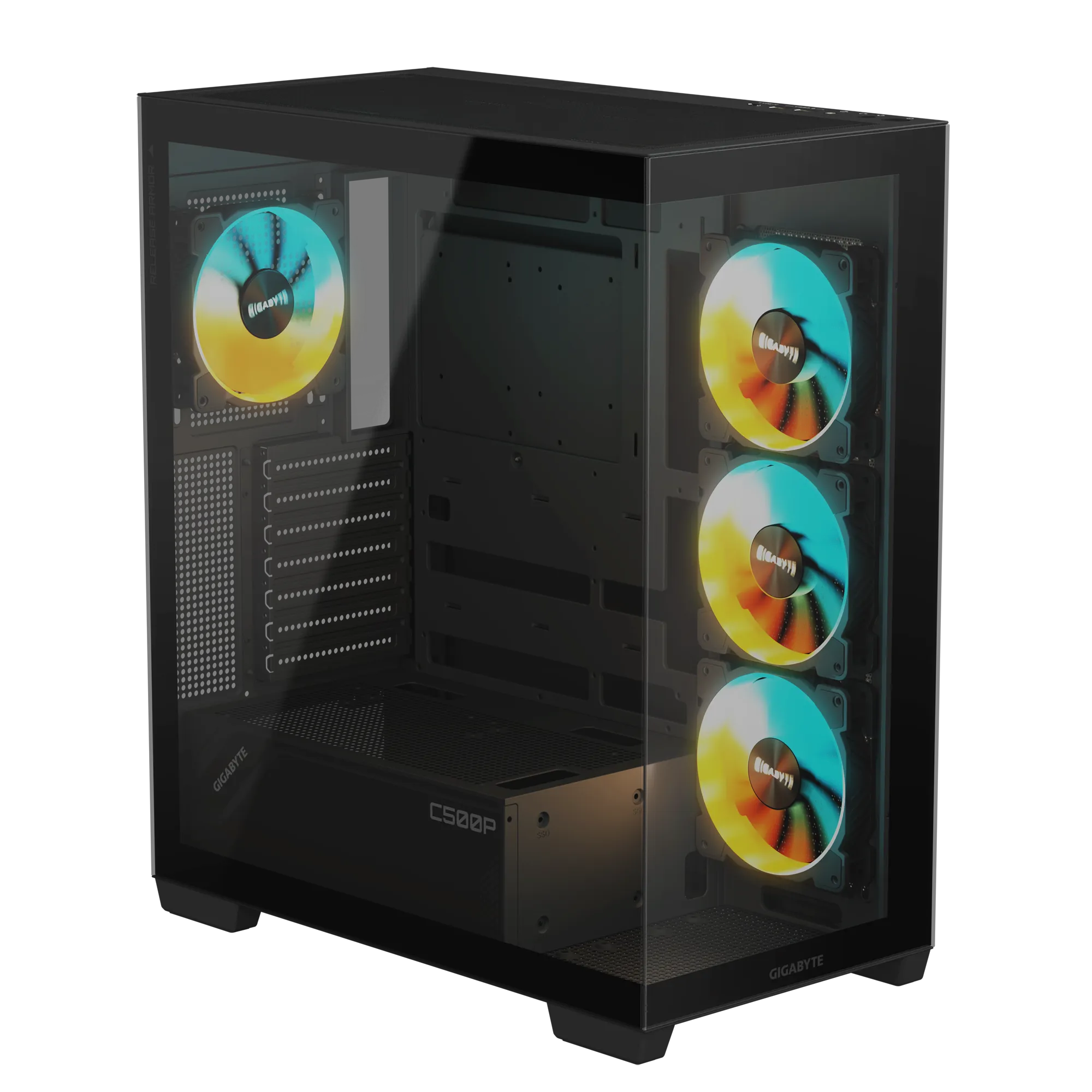 GIGABYTE C500 Panoramic Stealth Mid‑Tower PC Case – 270° Tempered Glass, ARGB Fans, USB‑C Gen2, Vertical GPU, Optimized Airflow