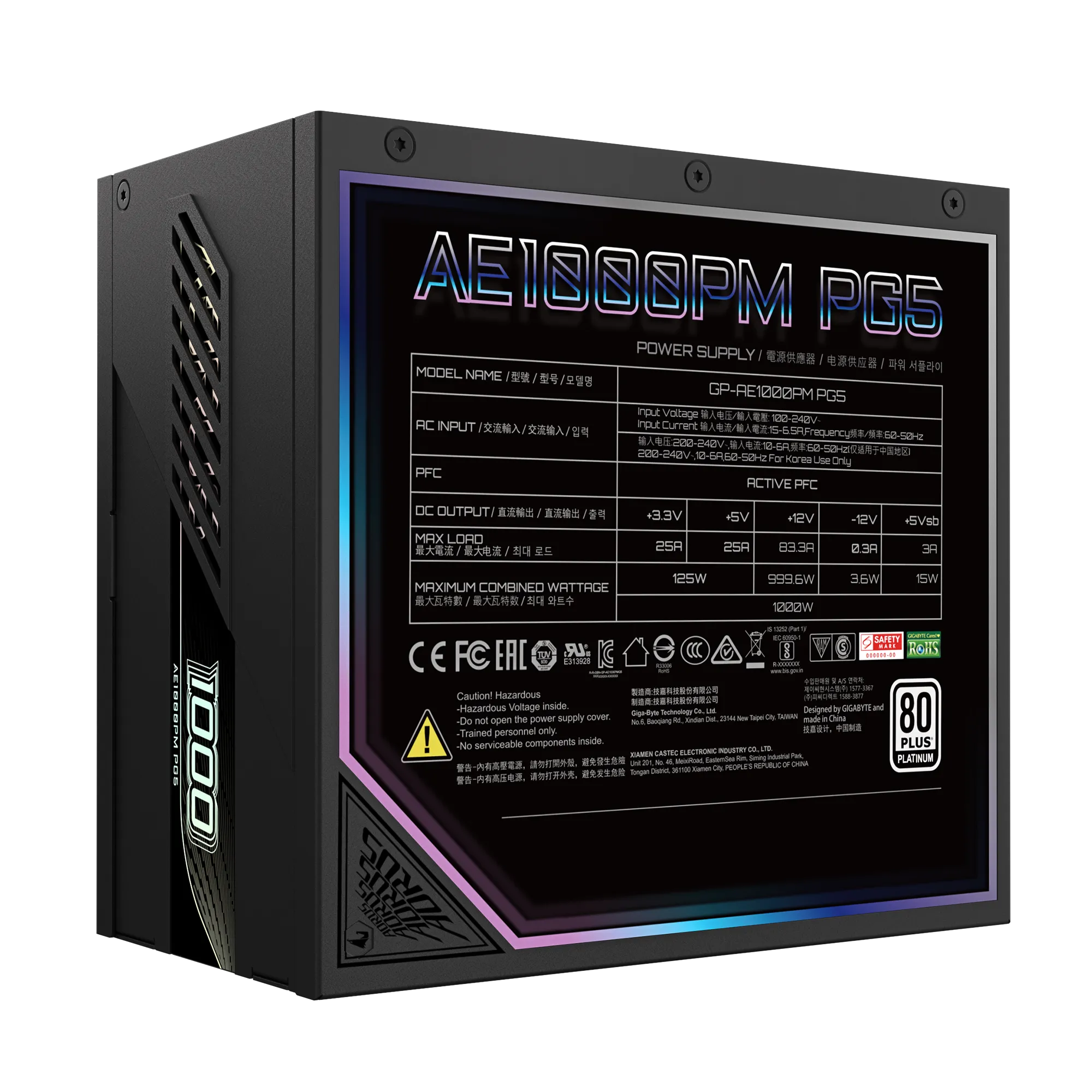 Gigabyte AORUS ELITE 1000W GP-AE1000PM PG5 – ATX 3.1/PCIe 5.1 Ready, 80 Plus Platinum, Fully Modular, 120 mm FDB Fan