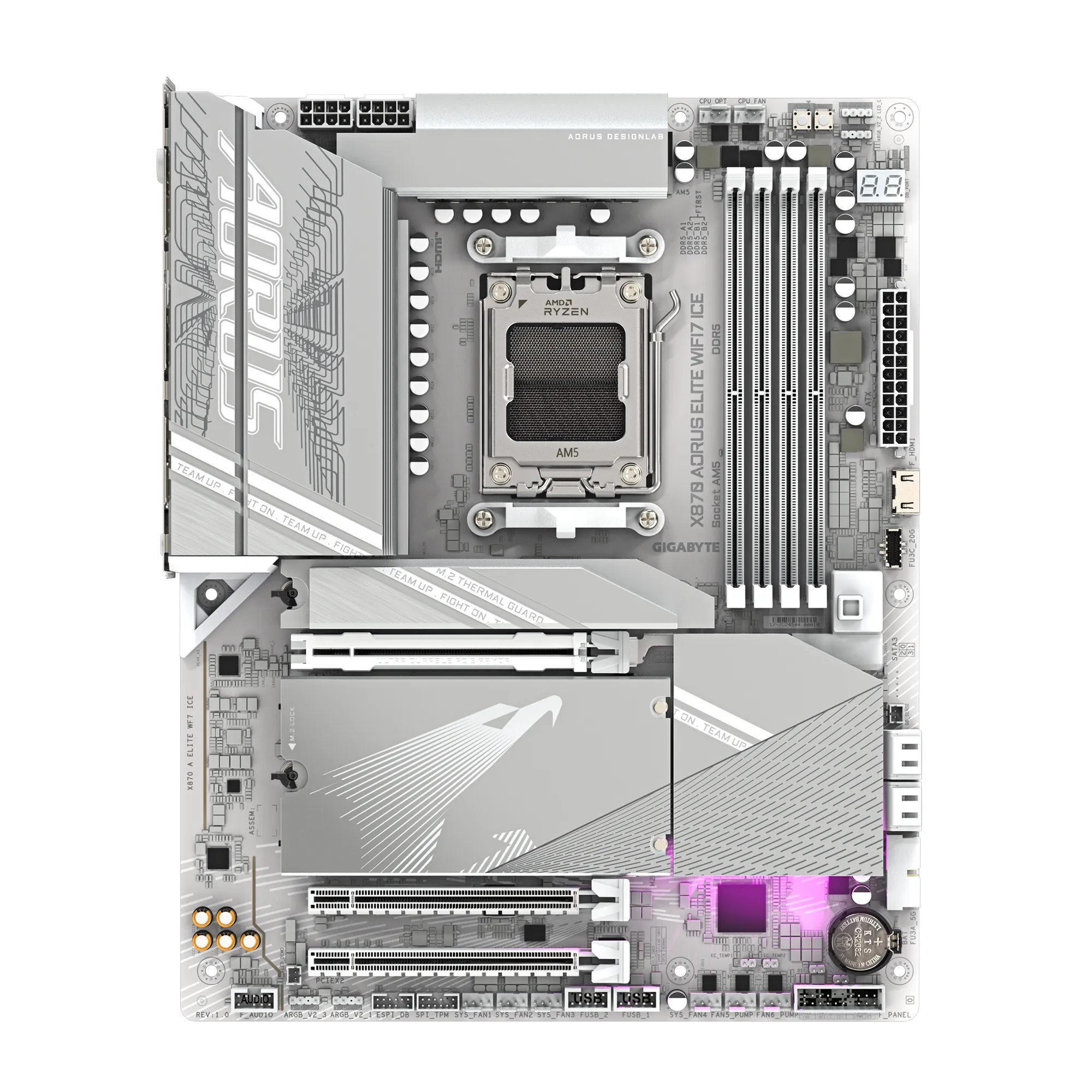 لوحة أم GIGABYTE X870 AORUS ELITE WIFI7 ICE ATX - AMD AM5، DDR5، PCIe 5.0، Quad M.2، USB4، Wi-Fi 7، 2.5GbE LAN، EZ-Latch، Smart Fan 6