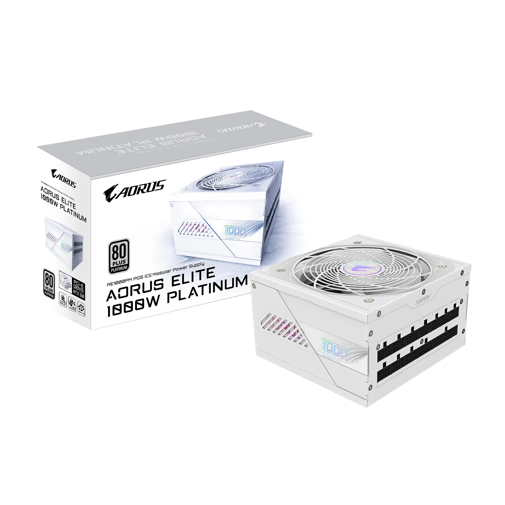 Gigabyte AORUS ELITE 1000W GP-AE1000PM PG5 ICE – ATX 3.x & PCIe 5.0/5.1 Ready, 80 Plus Platinum, Fully Modular, 120 mm FDB Fan