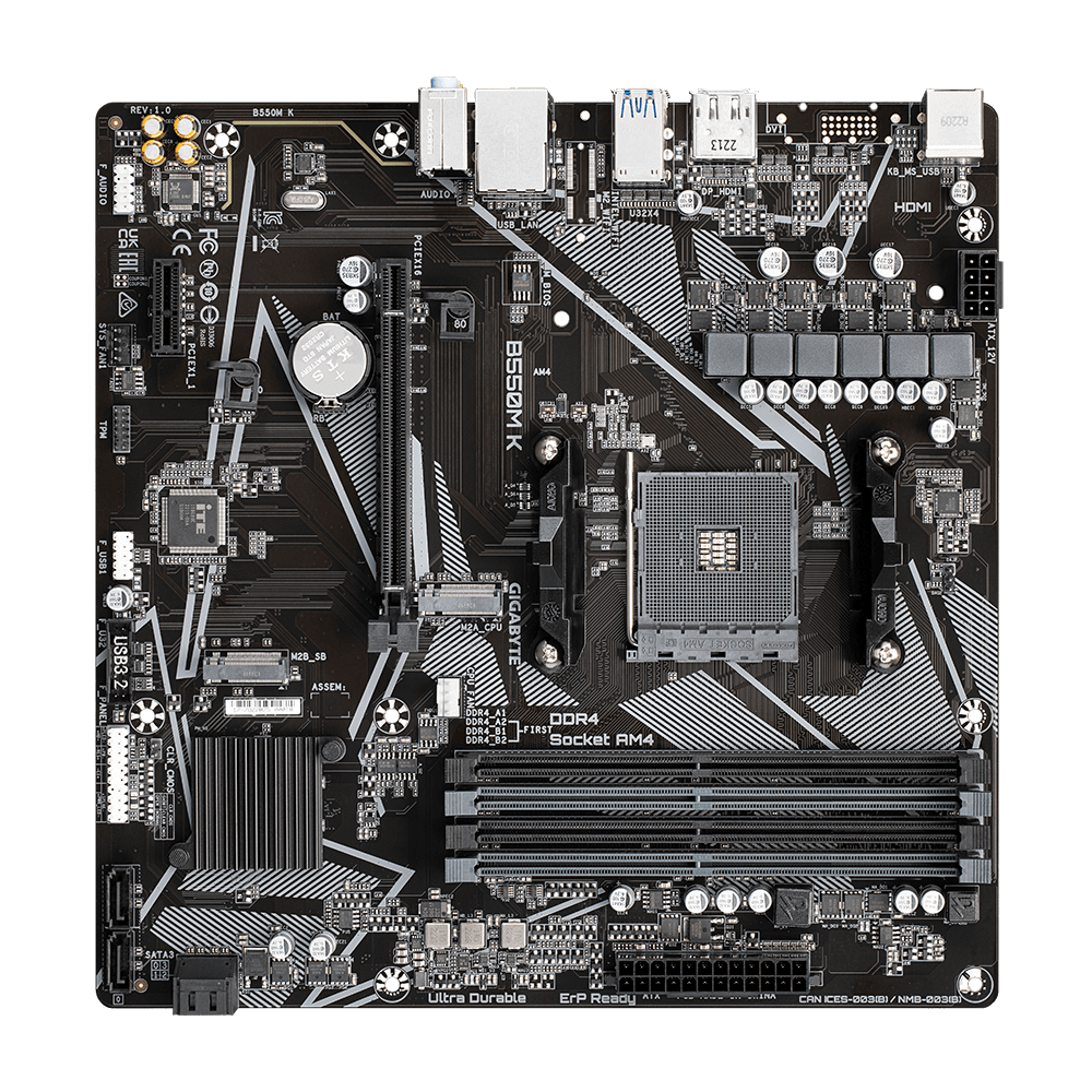 GIGABYTE B550M K (rev. 1.0) Micro-ATX AMD B550 Motherboard – AM4 Socket, Dual M.2 PCIe 4.0/3.0, 4×DDR4 Slots, HDMI & DisplayPort, Gigabit LAN