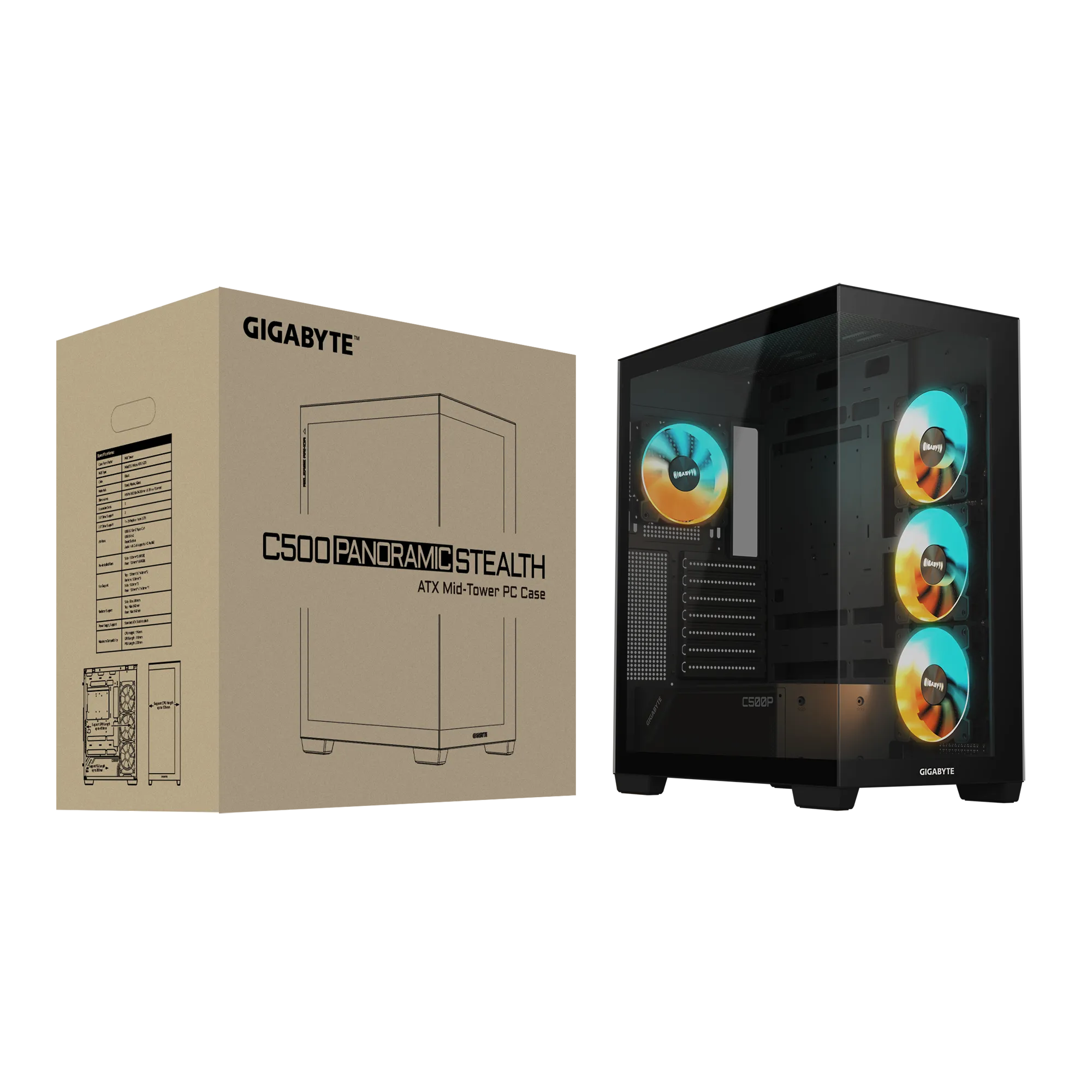 GIGABYTE C500 Panoramic Stealth Mid‑Tower PC Case – 270° Tempered Glass, ARGB Fans, USB‑C Gen2, Vertical GPU, Optimized Airflow