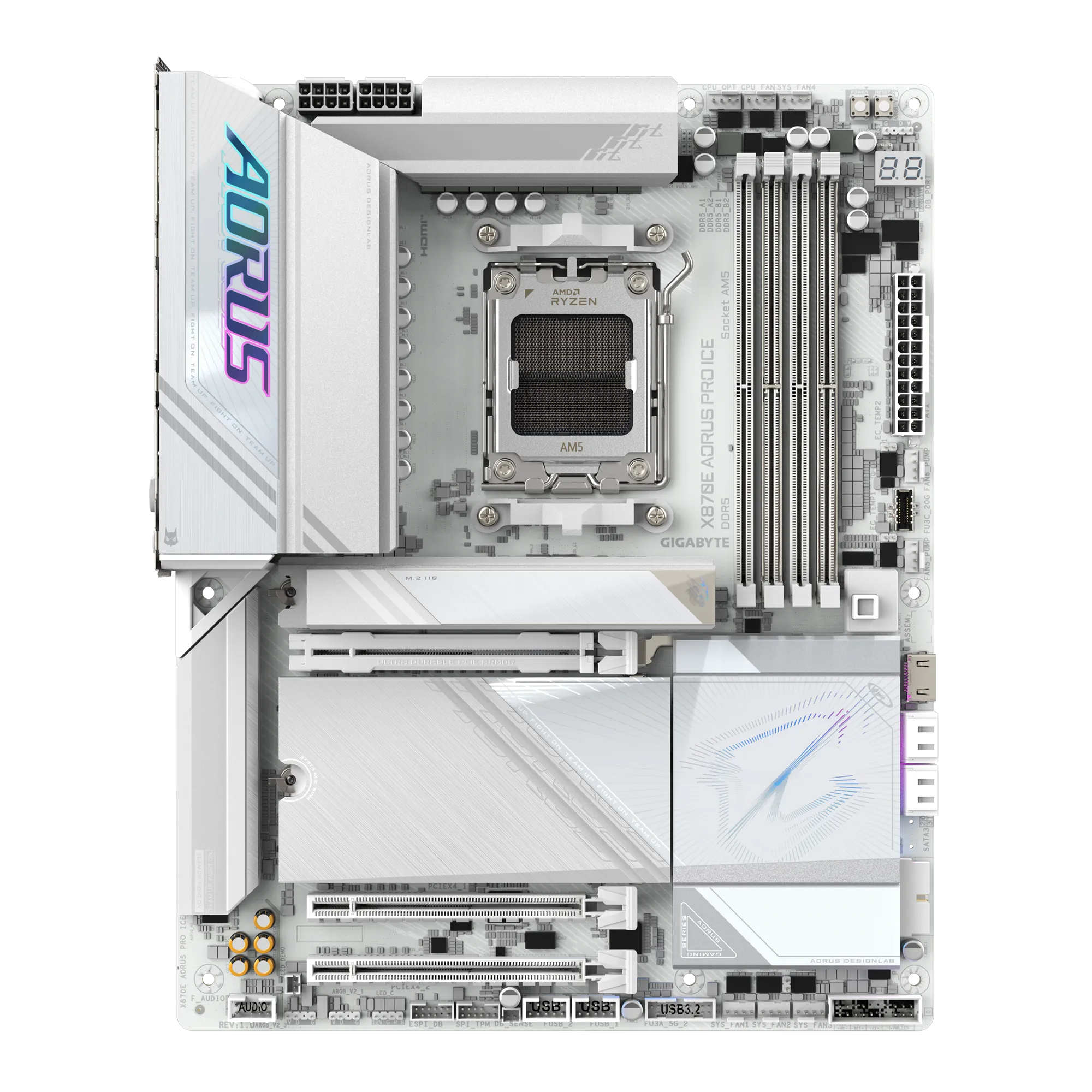 لوحة أم GIGABYTE X870E AORUS PRO ICE ATX - مقبس AM5، ذاكرة DDR5 بسرعة 8000 ميجابت في الثانية، PCIe 5.0، منافذ M.2 رباعية، منفذ USB4 مزدوج، Wi‑Fi 7، شبكة LAN بسرعة 2.5 جيجابت في الثانية، إصدار أبيض
