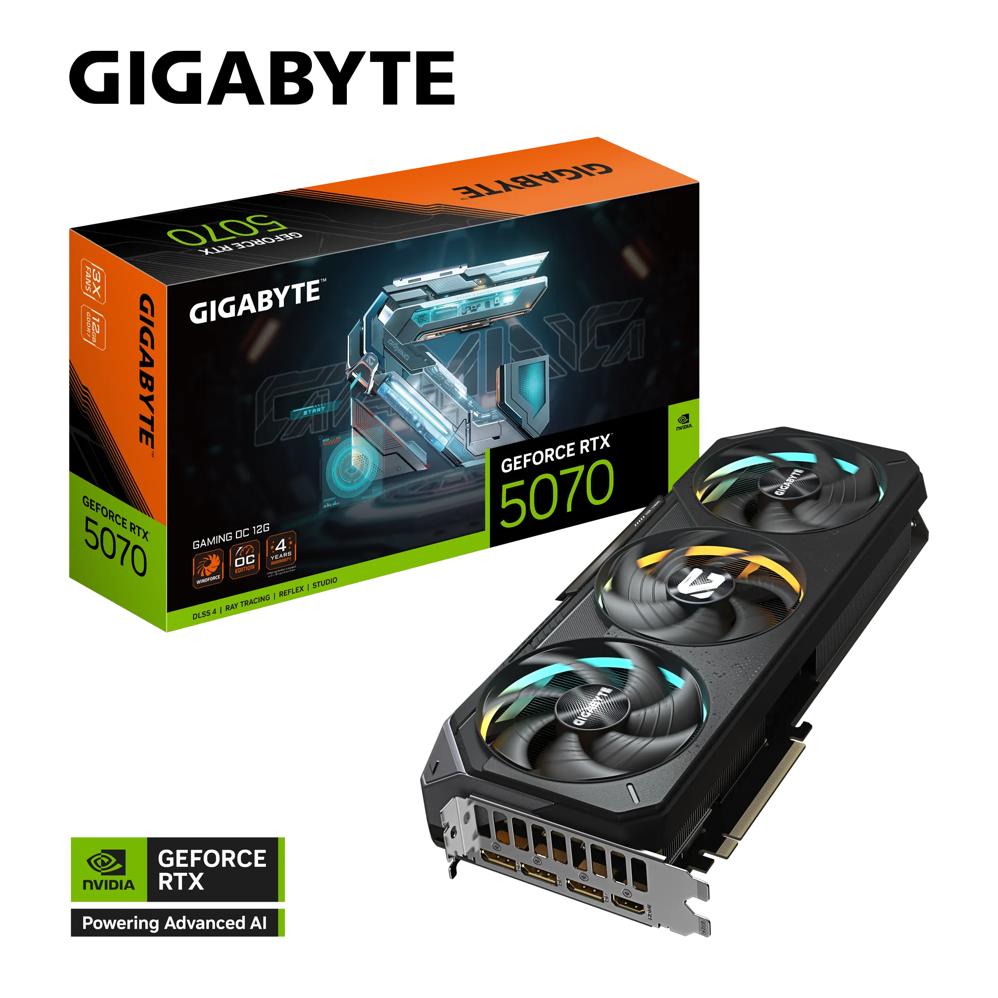 بطاقة رسومات Gigabyte GeForce RTX 5070 GAMING OC 12G (GV-N5070GAMING-OC-12GD) - ذاكرة GDDR7 سعة 12 جيجابايت، وتقنية DLSS 4، وتبريد WINDFORCE، وإضاءة RGB، ونظام BIOS مزدوج