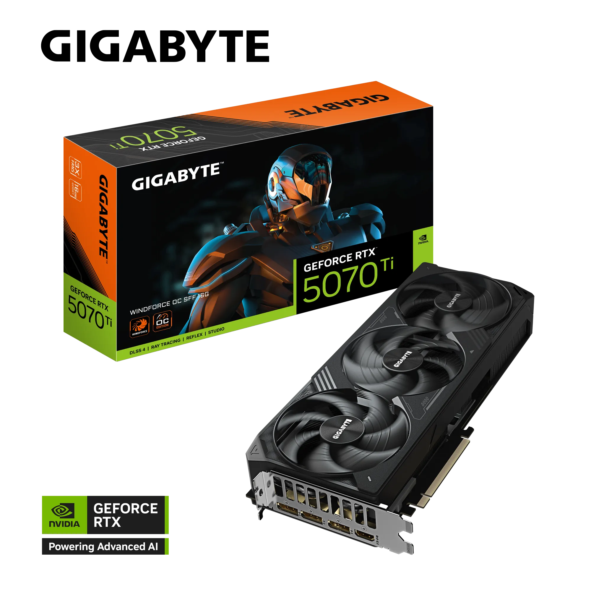 بطاقة الرسومات Gigabyte RTX 5070 Ti WINDFORCE OC SFF سعة 16 جيجابايت - ذاكرة GDDR7 سعة 16 جيجابايت، PCIe 5.0، سرعة 2497 ميجاهرتز، تبريد SFF ثلاثي المراوح