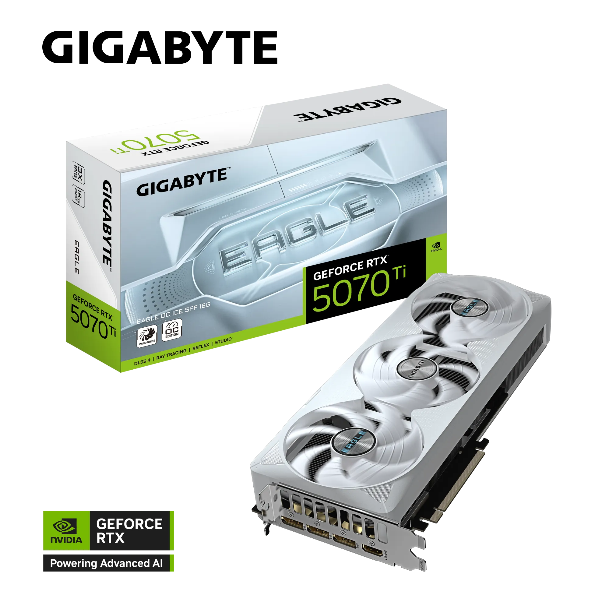 بطاقة GIGABYTE RTX 5070 Ti EAGLE OC ICE - ذاكرة GDDR7 سعة 16 جيجابايت، وتردد 2542 ميجاهرتز، ومنفذ PCIe 5.0، وتبريد WINDFORCE، و3 منافذ DP2.1b وHDMI2.1b، ونظام BIOS مزدوج، وجاهزة لـ SFF