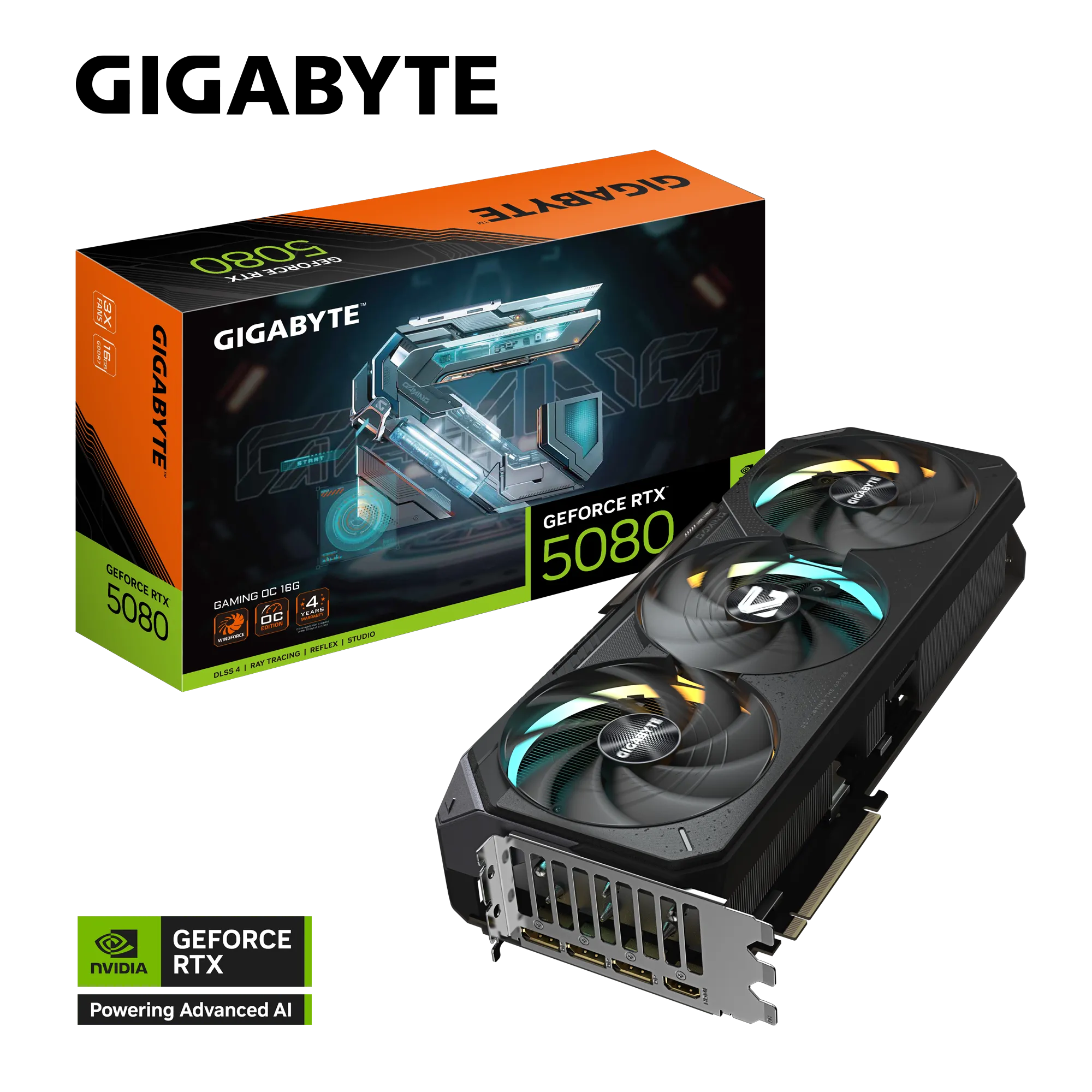 بطاقة رسومات Gigabyte RTX 5080 Gaming OC 16G - ذاكرة GDDR7 سعة 16 جيجابايت، PCIe 5.0، سرعة 2730 ميجاهرتز، نظام WINDFORCE ثلاثي المراوح، نظام BIOS مزدوج