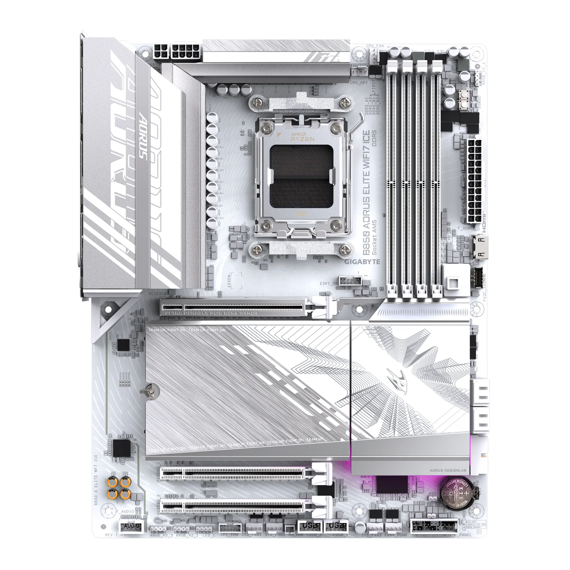 لوحة أم GIGABYTE B850 AORUS ELITE WIFI7 ICE ATX - AM5، DDR5 بسرعة تصل إلى 8200 MT/s OC، PCIe 5.0، Triple M.2، USB-C بسرعة 20 جيجابت في الثانية، Wi-Fi 7 و2.5 GbE