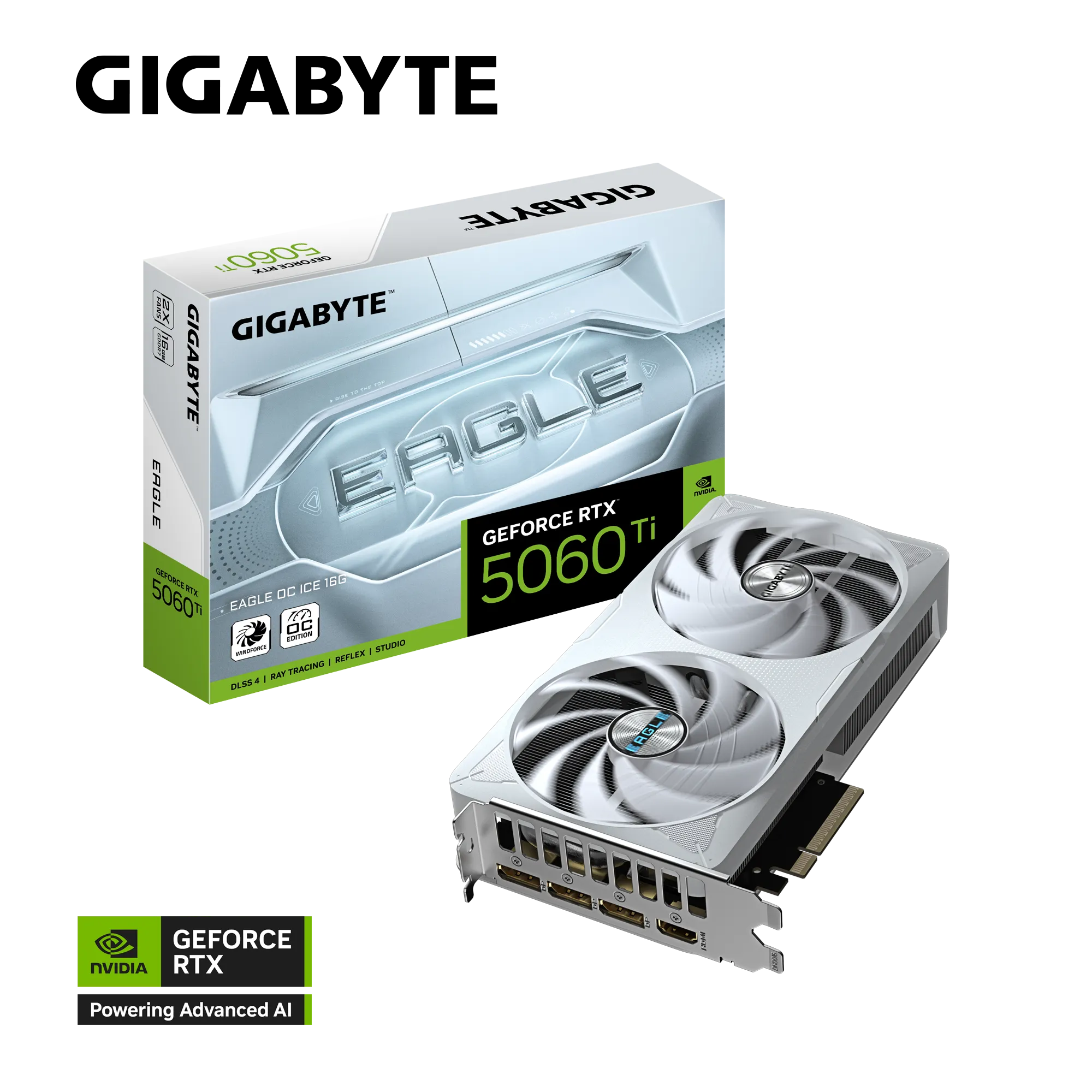 GIGABYTE GeForce RTX 5060 Ti EAGLE OC ICE 16G – 16 GB GDDR7, 128-bit, PCIe 5.0, Boost 2617 MHz, 3×DP 2.1b + HDMI 2.1b, WINDFORCE Cooling