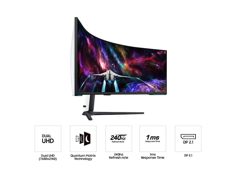 Samsung 57″ Odyssey Neo G9 – Dual UHD 7680×2160, 240 Hz, 1 ms, Quantum Mini-LED, 1000R Curve, HDR1000, DP 2.1 / HDMI 2.1