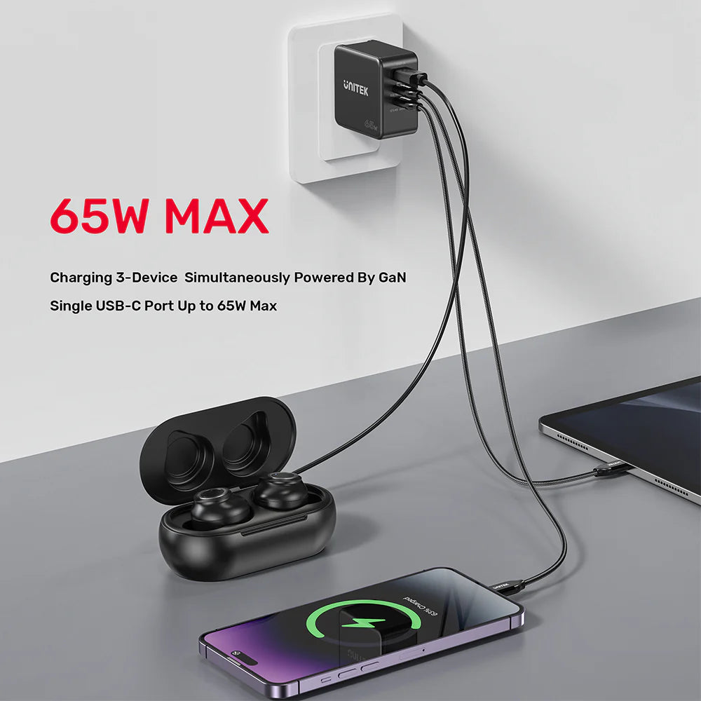 Unitek 65W GaN Travel Charger – Dual USB-C PD & USB-A QC 3.0 Ports - Compact Design - EU & UK Plug Adapters - Model P1117B