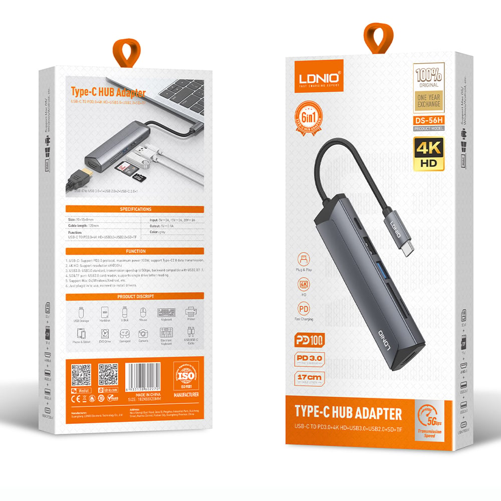 محطة إرساء متعددة الوظائف LDNIO DS-56H بمنفذ USB-C مع شحن PD بقوة 100 واط، منفذ HDMI، USB 2.0، قارئ بطاقات SD وTF، محول Type-C إلى منافذ متعددة لأجهزة اللابتوب، ماك بوك، التابلت وأجهزة USB-C