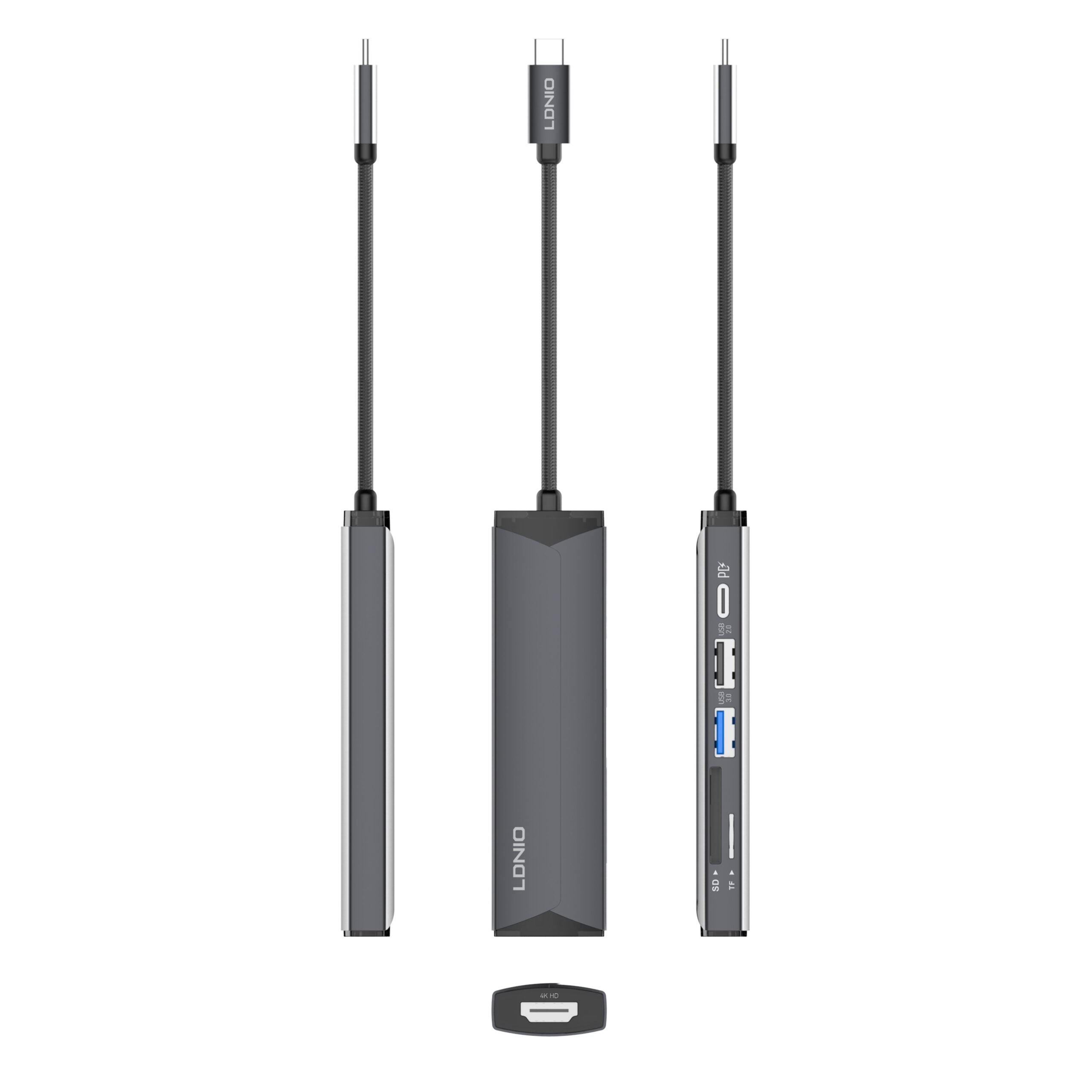 محطة إرساء متعددة الوظائف LDNIO DS-56H بمنفذ USB-C مع شحن PD بقوة 100 واط، منفذ HDMI، USB 2.0، قارئ بطاقات SD وTF، محول Type-C إلى منافذ متعددة لأجهزة اللابتوب، ماك بوك، التابلت وأجهزة USB-C