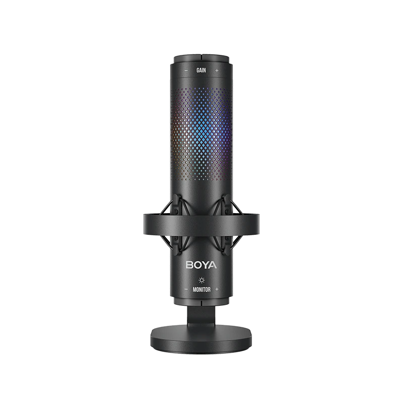 ميكروفون BOYA K9 الاحترافي بتقنية USB، صوت هاي-فاي بدقة 48kHz/24-bit، 3 أنماط التقاط، إلغاء ضوضاء بالذكاء الاصطناعي، إضاءة RGB، مراقبة فورية، تحكم في الكسب، وحامل مكتبي