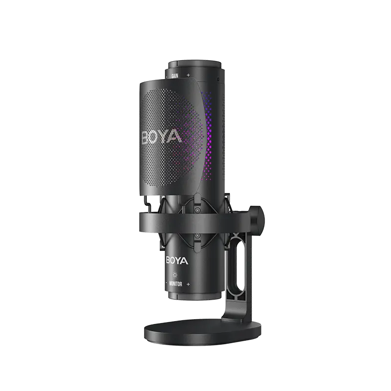 ميكروفون BOYA K9 الاحترافي بتقنية USB، صوت هاي-فاي بدقة 48kHz/24-bit، 3 أنماط التقاط، إلغاء ضوضاء بالذكاء الاصطناعي، إضاءة RGB، مراقبة فورية، تحكم في الكسب، وحامل مكتبي