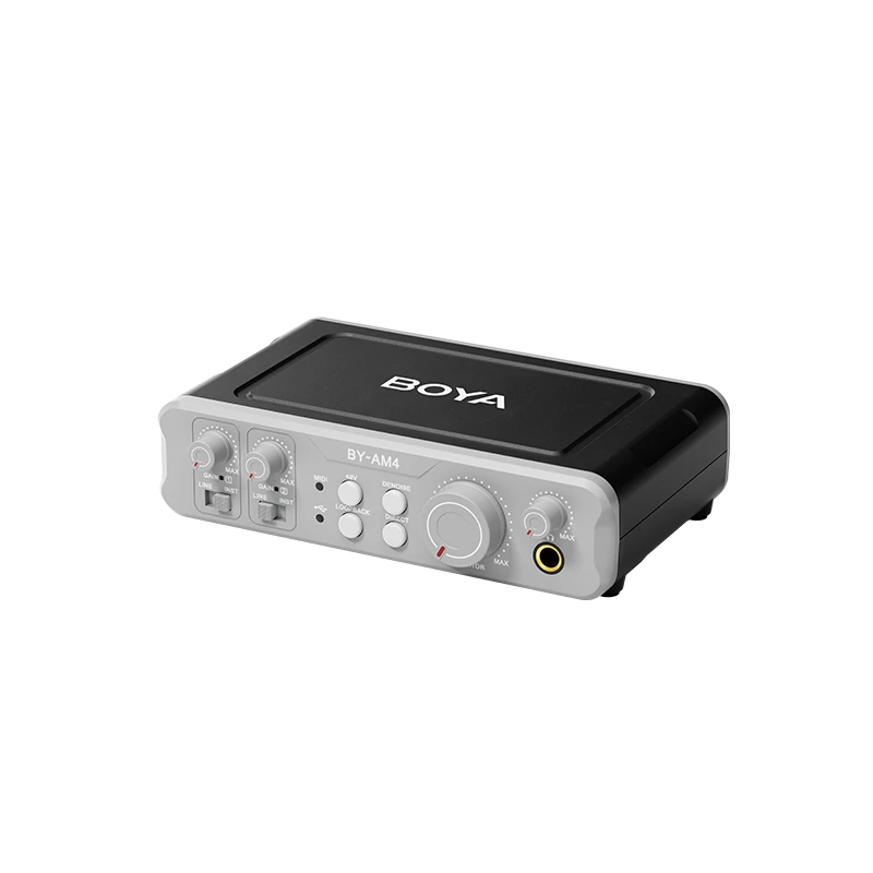 BOYA BY‑AM4 Dual‑Channel Audio Interface – USB‑C, XLR & TRS Inputs, 48V Phantom Power, Real-Time Monitoring & Noise Cancellation