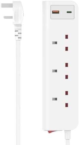 Hama D3223861 3-Way USB C/A 20W PD UK Plug Power Strip, 2 Meter Length, White