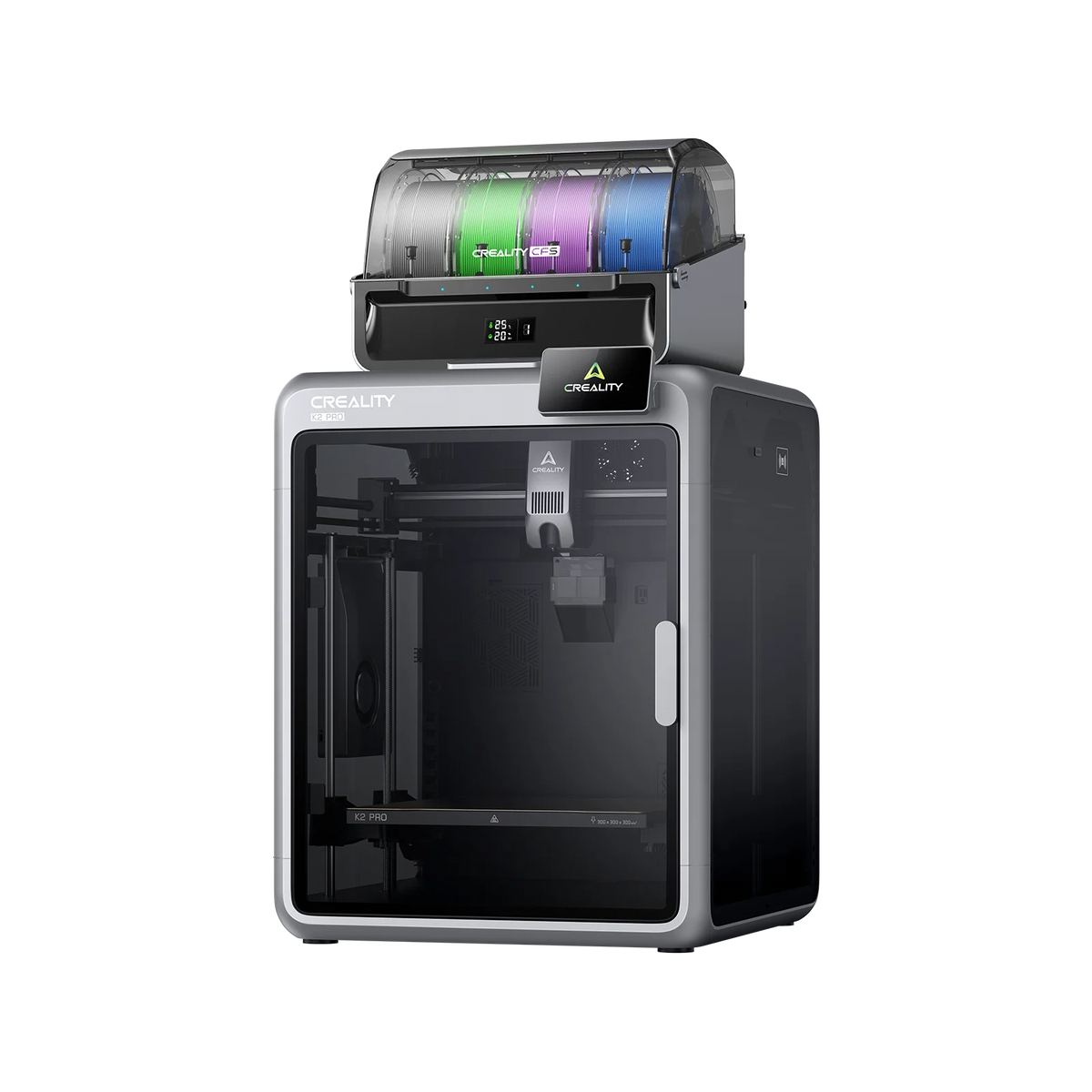 طابعة Creality K2 Pro Combo ثلاثية الأبعاد، حجم طباعة 300×300×300mm، طباعة عالية السرعة حتى 600mm/s، نظام CFS بأربعة ألوان قابل للتوسيع إلى 16 لونًا، حجرة تسخين بدرجة 60°C، فوهة بدرجة 300°C، كاميرات AI