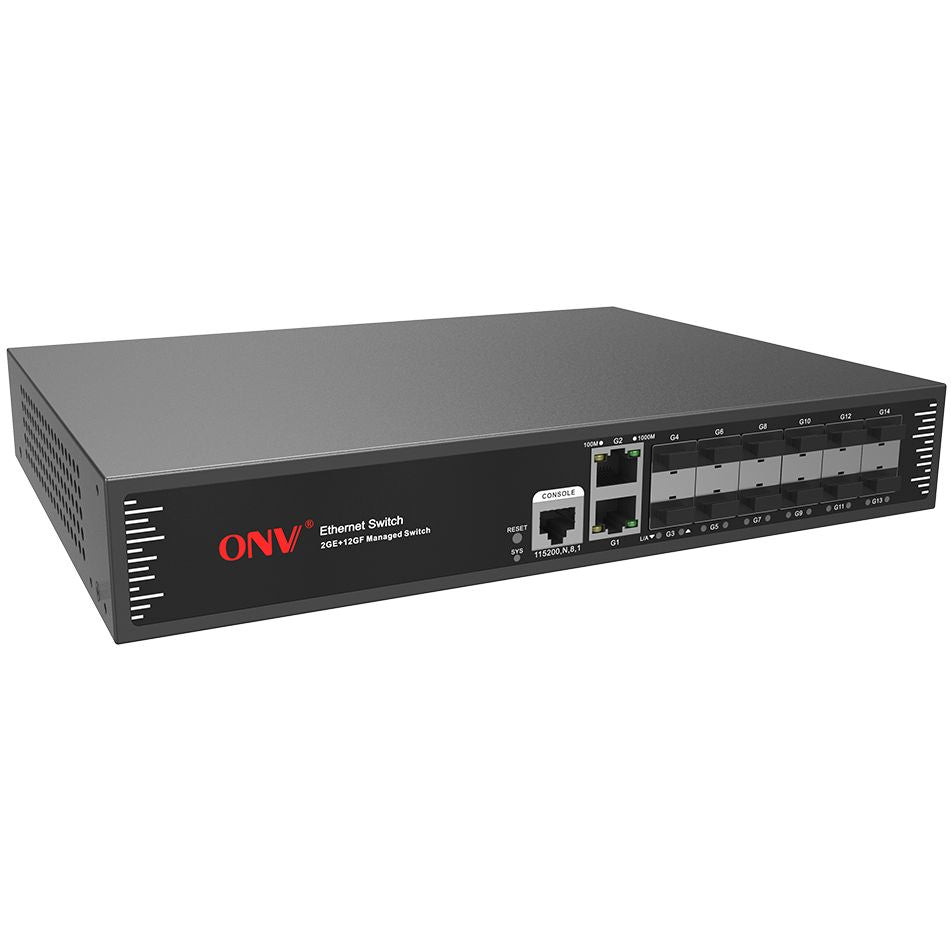 ONV ONV33012FM محوّل ألياف جيجابت مُدار من الطبقة L2+ بـ14 منفذًا، و12 منفذ SFP، ومنفذا RJ45 جيجابت، وتوجيه ثابت، وشبكة VLAN، وقابل للتركيب في حامل 1U