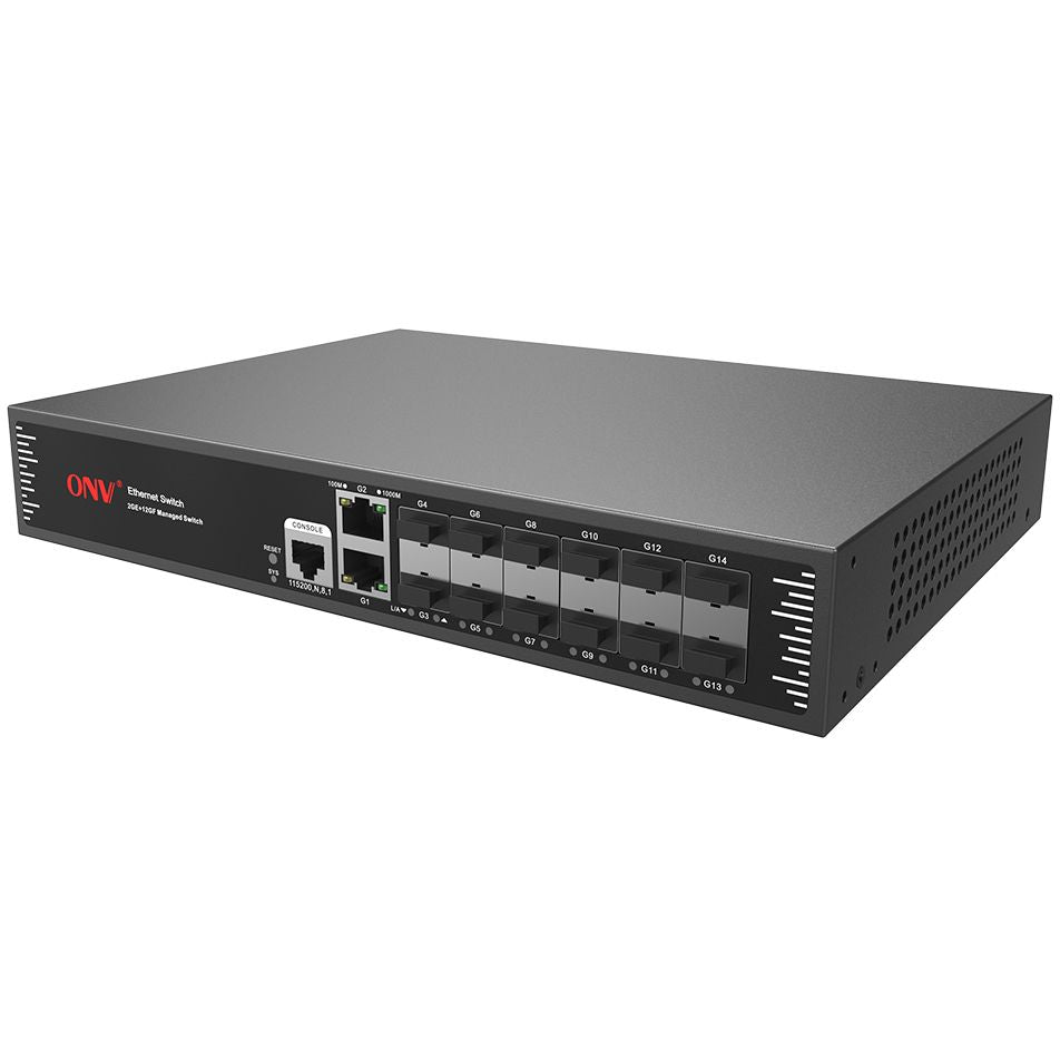 ONV ONV33012FM محوّل ألياف جيجابت مُدار من الطبقة L2+ بـ14 منفذًا، و12 منفذ SFP، ومنفذا RJ45 جيجابت، وتوجيه ثابت، وشبكة VLAN، وقابل للتركيب في حامل 1U