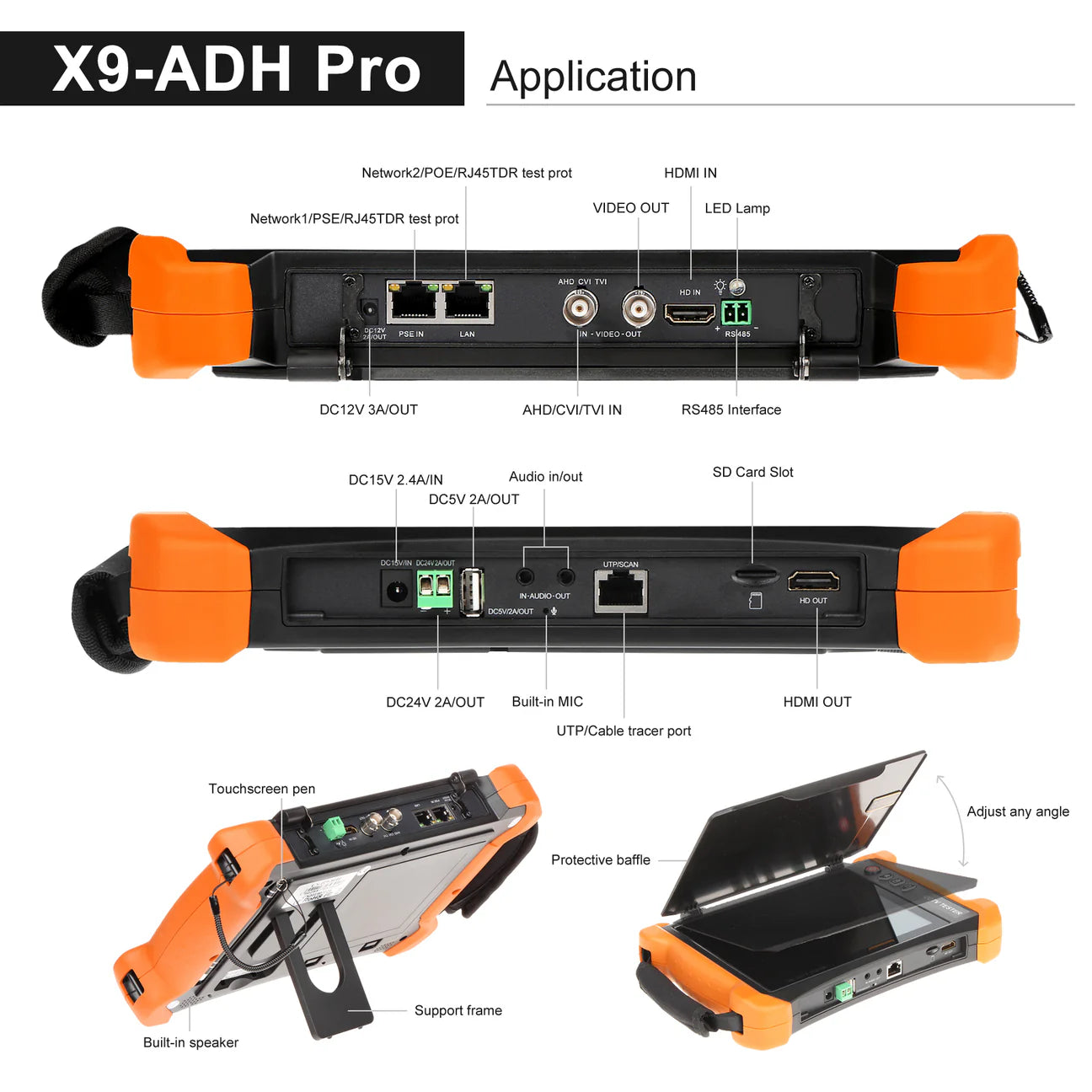 جهاز اختبار CCTV WANGLU X9-ADH PRO بشاشة 8 إنش مع HDMI 4K دخل/خرج، اختبار كاميرا 8 ميجابكسل AHD/CVI/TVI، جيجابت مزدوج، PoE++ 90 واط، بطارية تدوم 13 ساعة