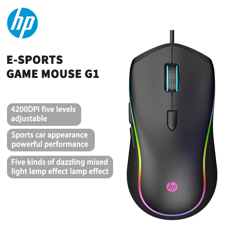 HP-G1 Mouse Gaming Wired, Peripheral, RGB Light Effect, E-Sports Mouse, Macro Programming, USB Wired Mouse