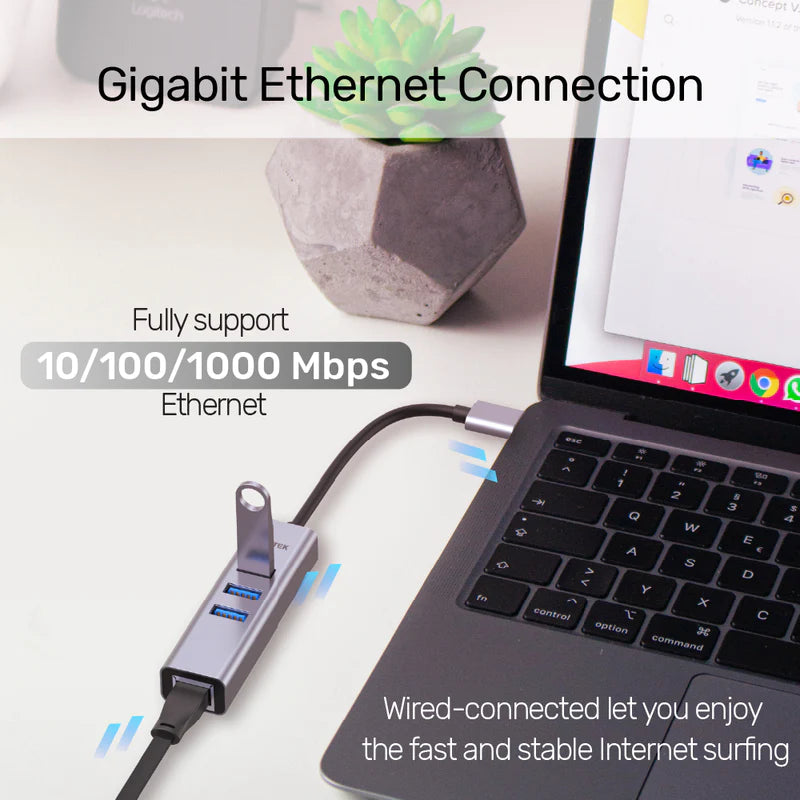 UNITEK 4 in 1 multi-port hub expand a single USB-C port to 1 gigabit Ethernet LAN Network Adapter with 3 USB 3.0 ports.