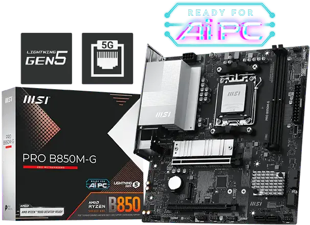 MSI PRO B850M-G Gaming Motherboard – AMD AM5, DDR5 8200+ OC, PCIe 5.0 x16, Dual M.2, 5GbE LAN, USB 5Gbps, Micro-ATX