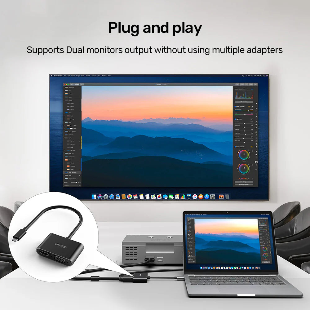 UNITEK USB-C to HDMI & VGA Adapter – 4K@30Hz HDMI, 1080p VGA, Dual Display Support, Aluminium Alloy, Plug & Play, Compatible with USB-C DP Alt Mode Devices