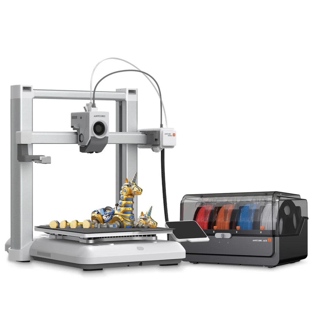 طابعة ثلاثية الأبعاد Anycubic Kobra 4 Combo، 260×260×260 مم، 600 مم/ث، نظام ACE 2 Pro بأربعة ألوان، فوهة بدرجة حرارة 300°C، تسوية تلقائية، كاميرا بالذكاء الاصطناعي
