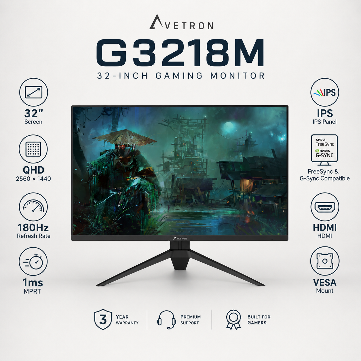 شاشة ألعاب Avetron G3218M مقاس 32 بوصة بدقة QHD ‏2560×1440، معدل تحديث 180 هرتز، زمن استجابة 1ms MPRT، لوحة IPS، متوافقة مع FreeSync وG‑Sync، منافذ HDMI، دعم تركيب VESA