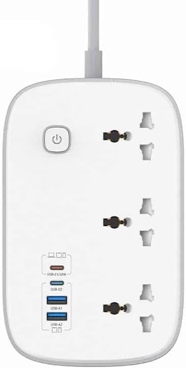 LDNIO SC6 Smart Power Strip 45W with 3 Universal Outlets & 4 USB Ports (USB-C PD) | 3250W Extension Socket, 2M Cable, Fast Charging, Multi-Protection, White